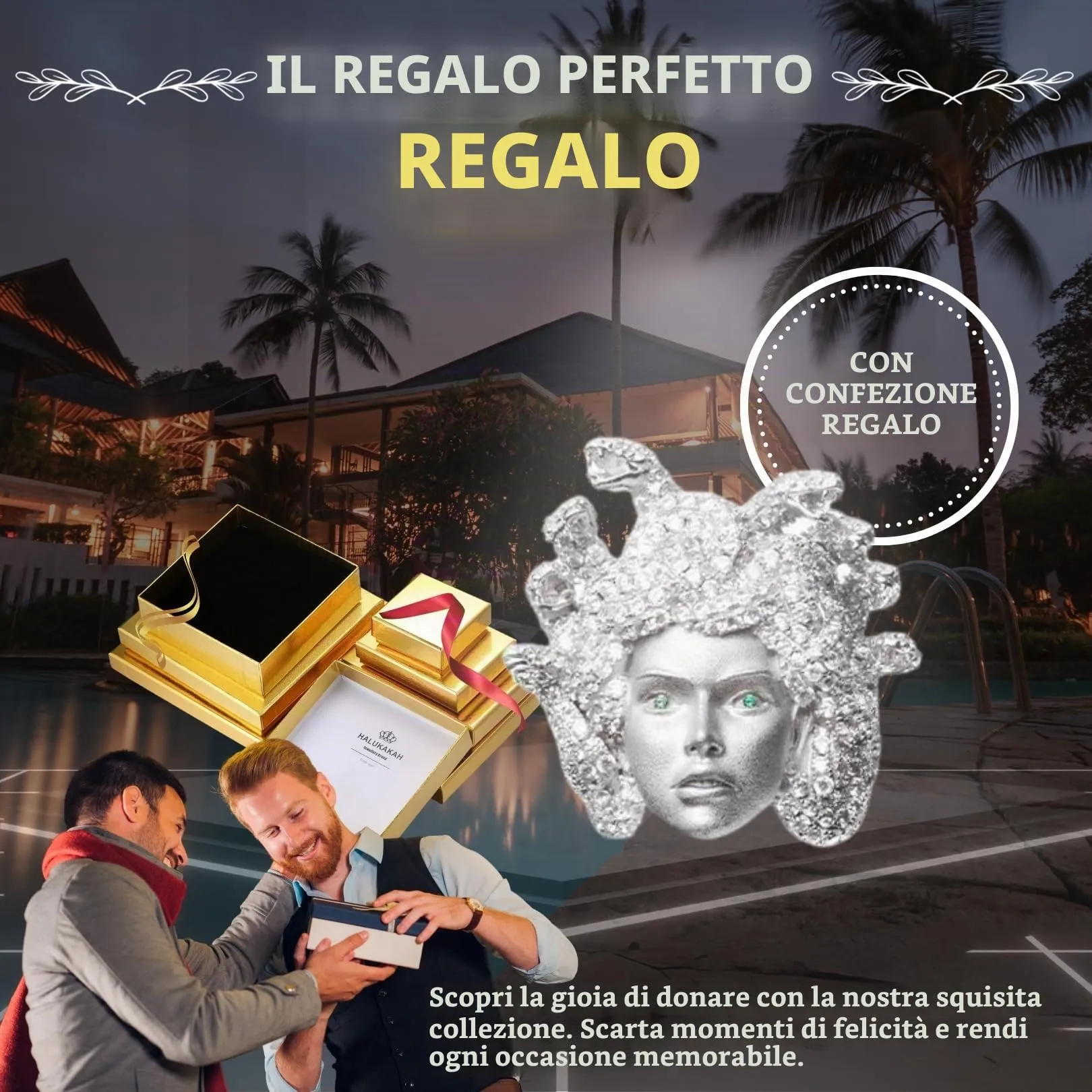 HALUKAKAH Anello Medusa Diamanti Iced Out, Finitura in Oro Bianco Platino per Uomo, Diamanti da Laboratorio, Misura Regolabile - immagine 7