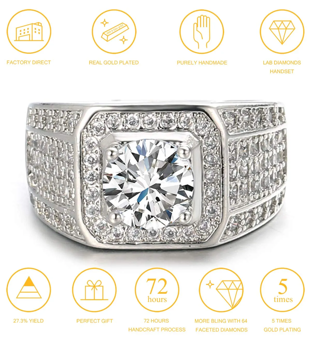 HALUKAKAH Men's Adjustable White Gold Finish Diamond Ring - immagine 2