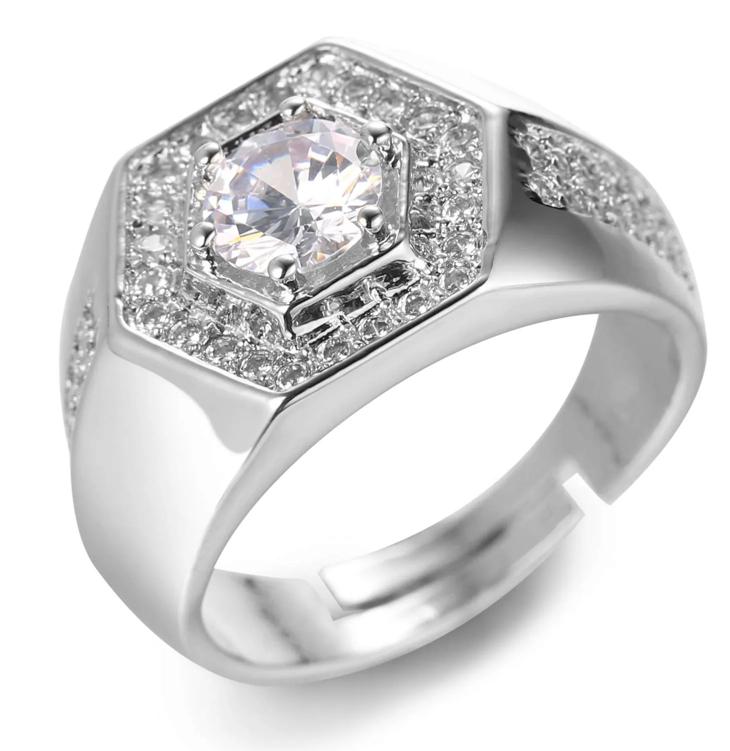 HALUKAKAH Men's White Gold Finish Iced Out Diamond Ring, Adjustable Size - immagine 1