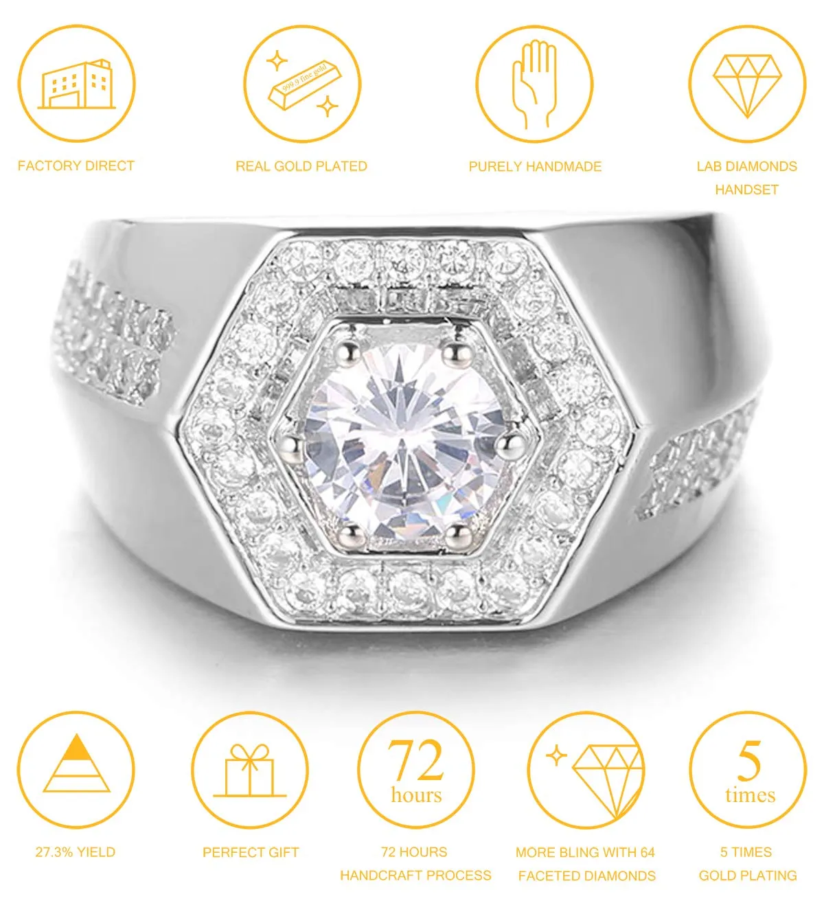 HALUKAKAH Men's White Gold Finish Iced Out Diamond Ring, Adjustable Size - immagine 2