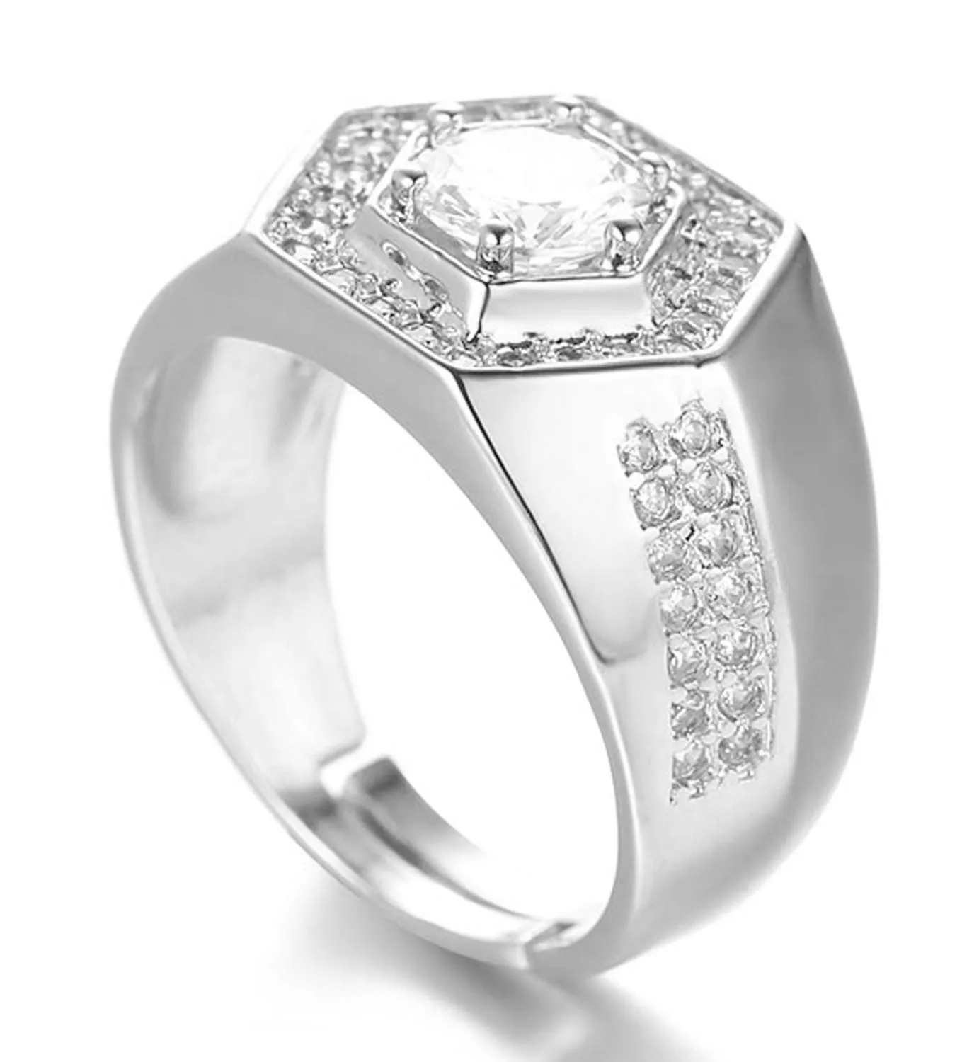 HALUKAKAH Men's White Gold Finish Iced Out Diamond Ring, Adjustable Size - immagine 5