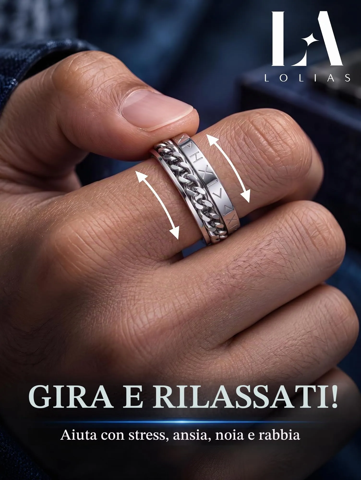 LOLIAS Set 16 Anelli Uomo in Acciaio Inossidabile Argento e Nero - immagine 5