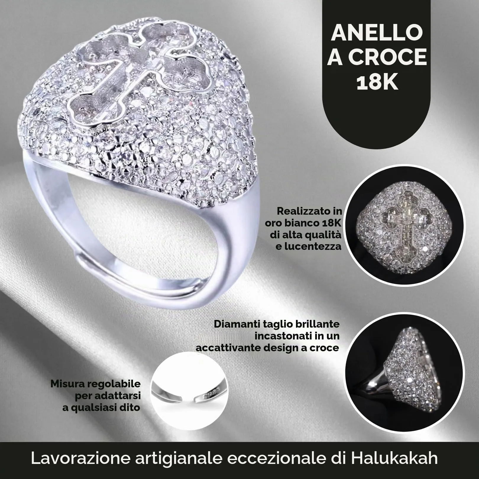 HALUKAKAH Anello Croce in Oro Bianco Platino Placcato con Diamanti, Taglia Regolabile - immagine 3