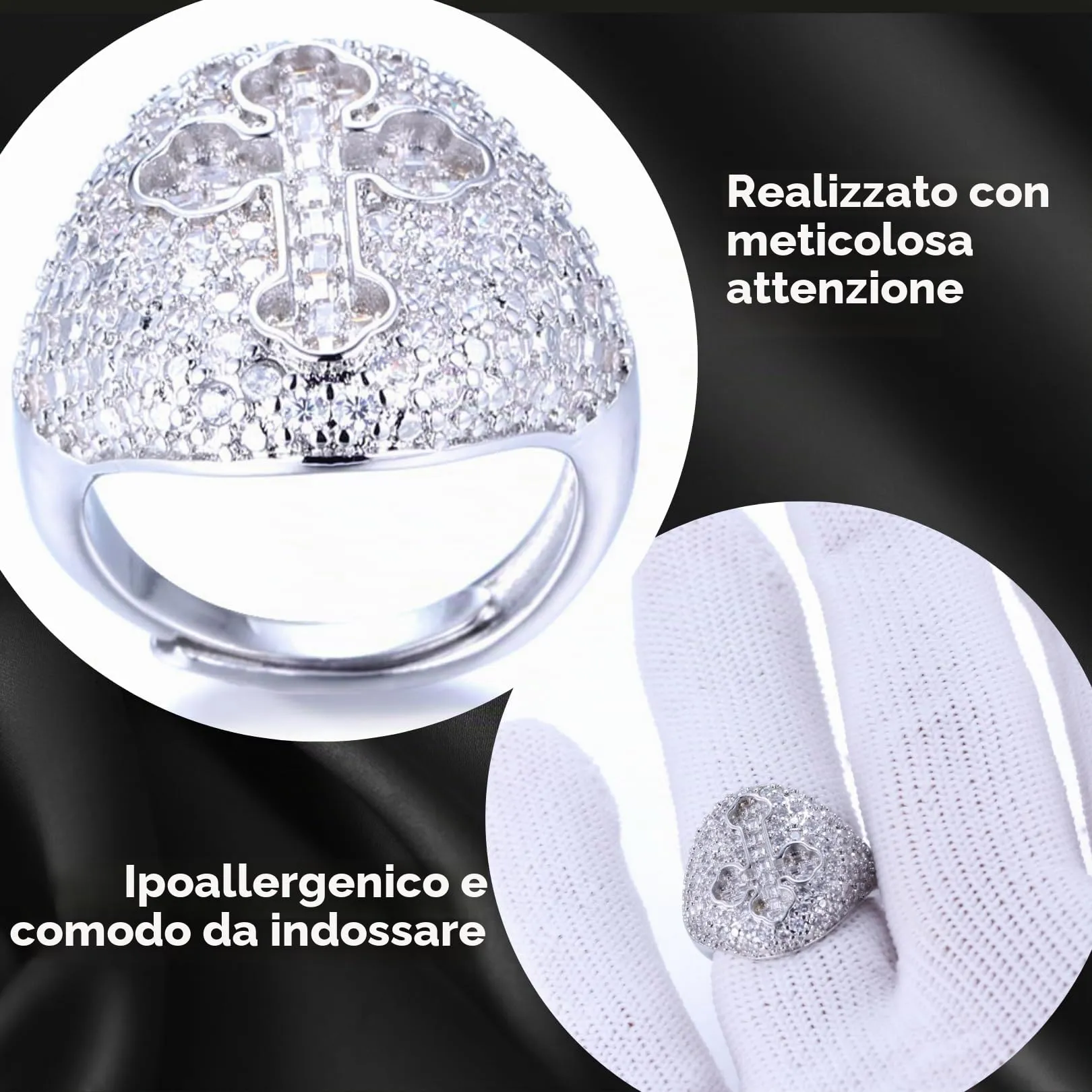HALUKAKAH Anello Croce in Oro Bianco Platino Placcato con Diamanti, Taglia Regolabile - immagine 4