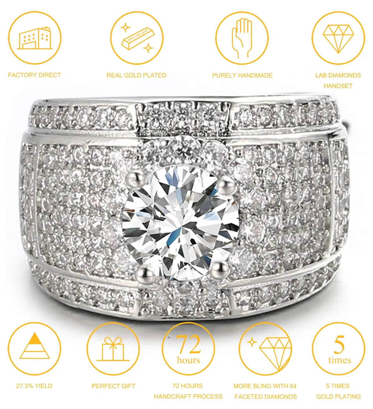 HALUKAKAH Men's White Gold Finish Adjustable Diamond Ring - immagine 2