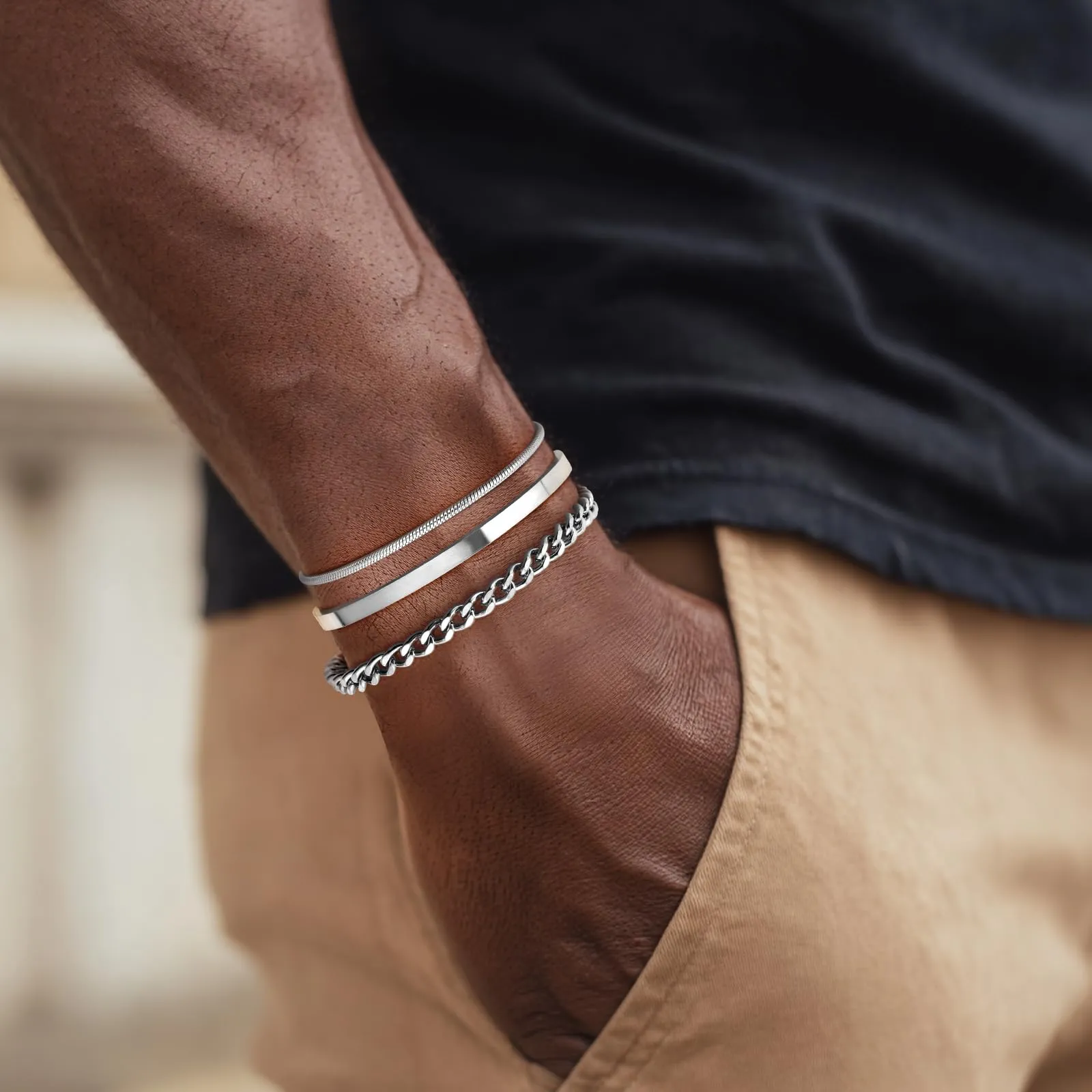 J.Fée Set di 3 Bracciali Uomo in Acciaio Inossidabile 316L, Argento - immagine 2