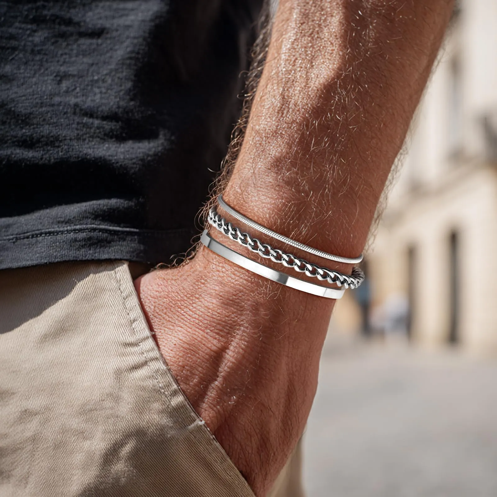 J.Fée Set di 3 Bracciali Uomo in Acciaio Inossidabile 316L, Argento - immagine 3
