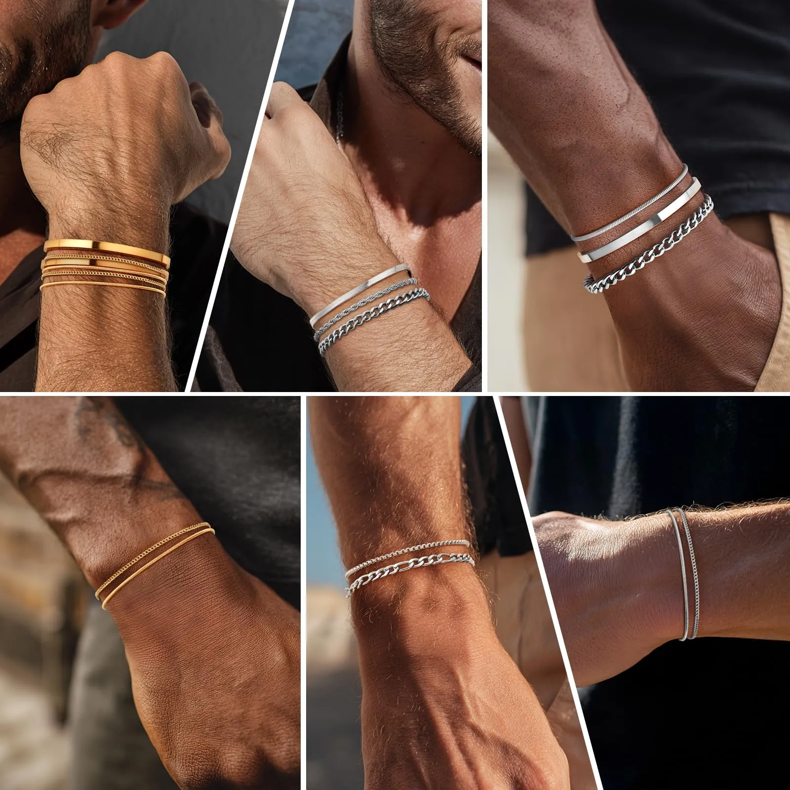 J.Fée Set di 3 Bracciali Uomo in Acciaio Inossidabile 316L, Argento - immagine 6