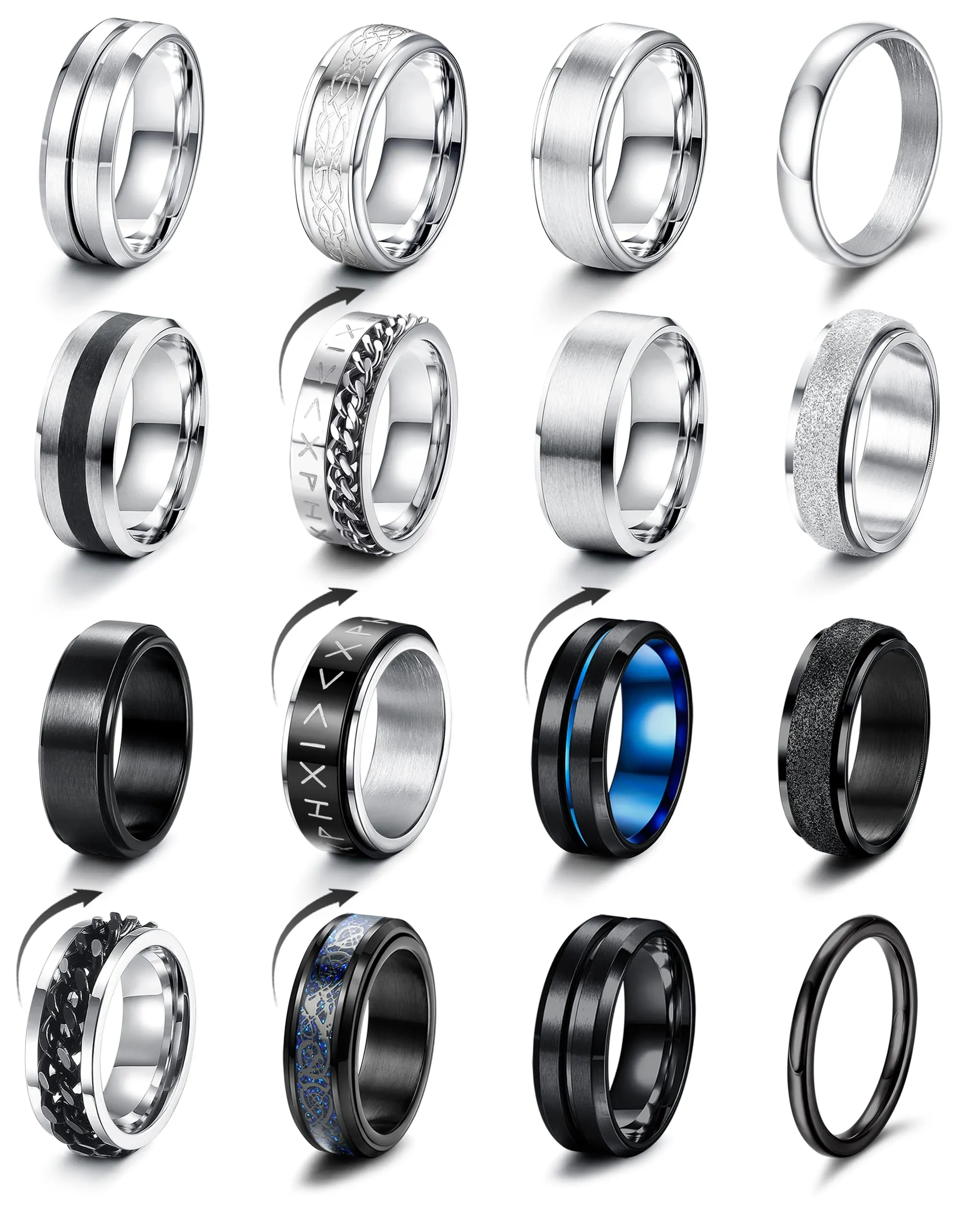 LOLIAS Set di 16 Anelli da Uomo in Acciaio Inossidabile Argento e Nero, Finitura Opaca e Lucida, Design Celtico, Fidget e Apribottiglie - immagine 1