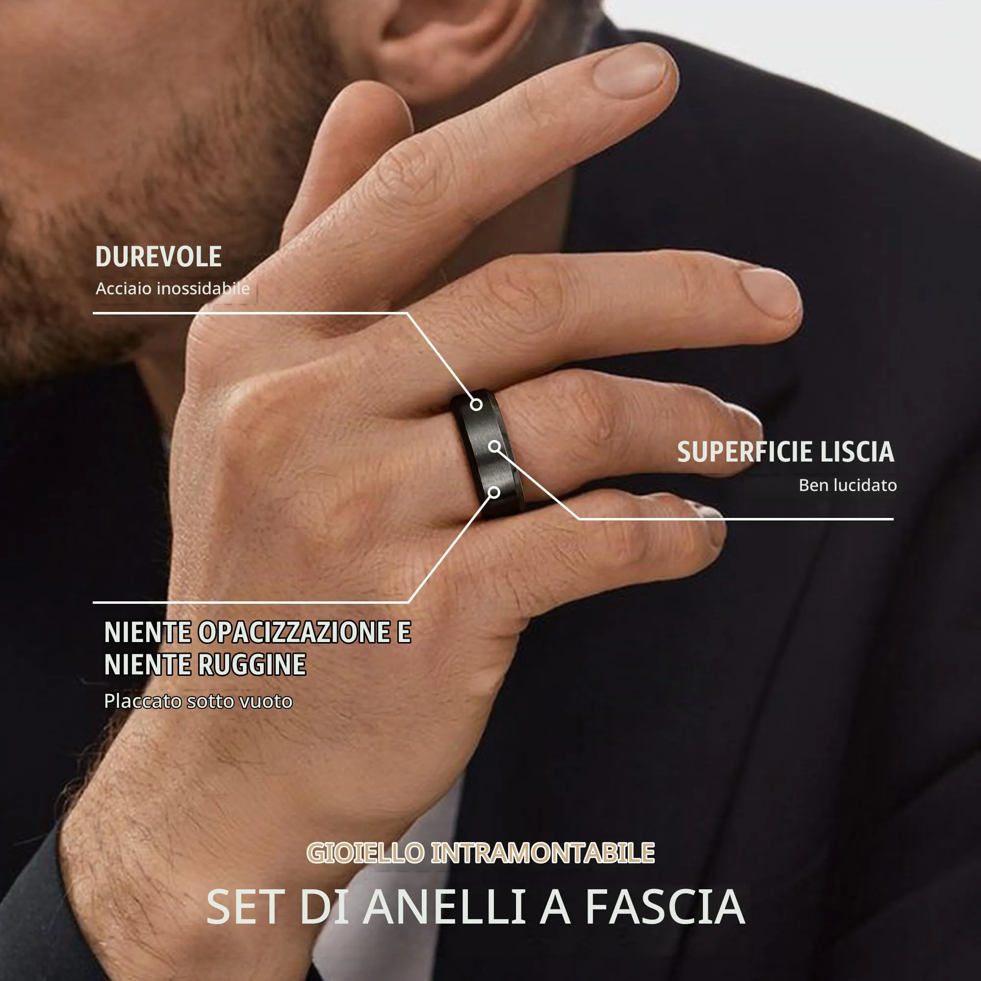 WATEFOER Anello Fascia in Acciaio Inox 8mm Finitura Opaca Bordo Lucido, Nero, Misura 10 - immagine 3