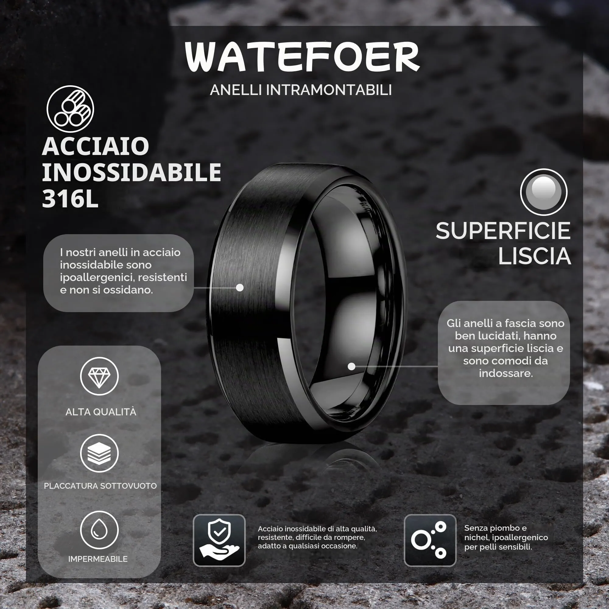 WATEFOER Anello Fascia in Acciaio Inox 8mm Finitura Opaca Bordo Lucido, Nero, Misura 10 - immagine 6