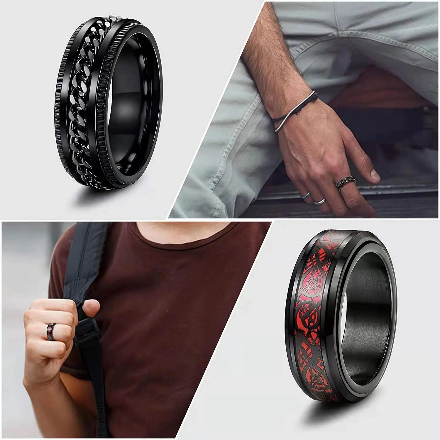 LOCCY Set di 8 Anelli Spinner in Acciaio Inox Neri, Larghezza 8 mm, Dimensione 14 - immagine 4