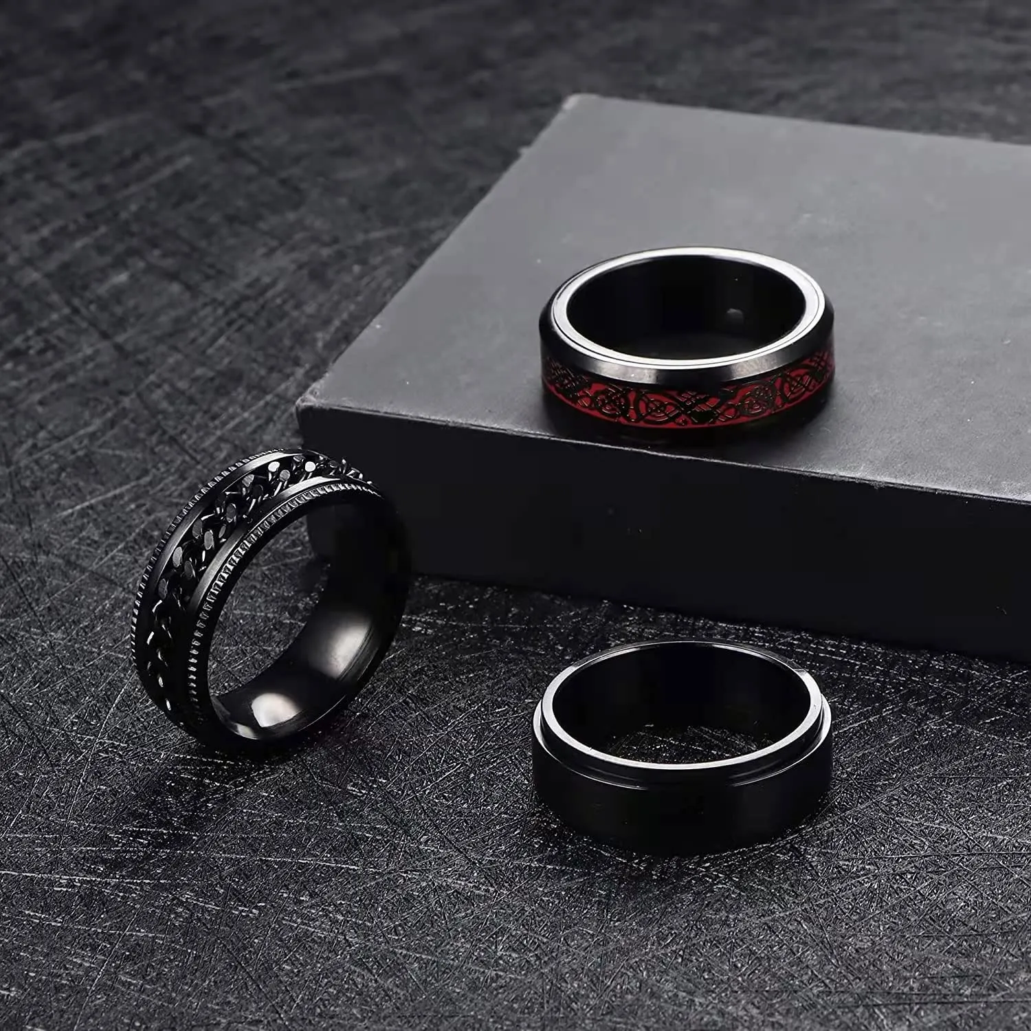 LOCCY Set 8 Anelli Spinner in Acciaio Inox Neri, Design a Catena Antistress, 8 mm, Dimensione 27 - immagine 6