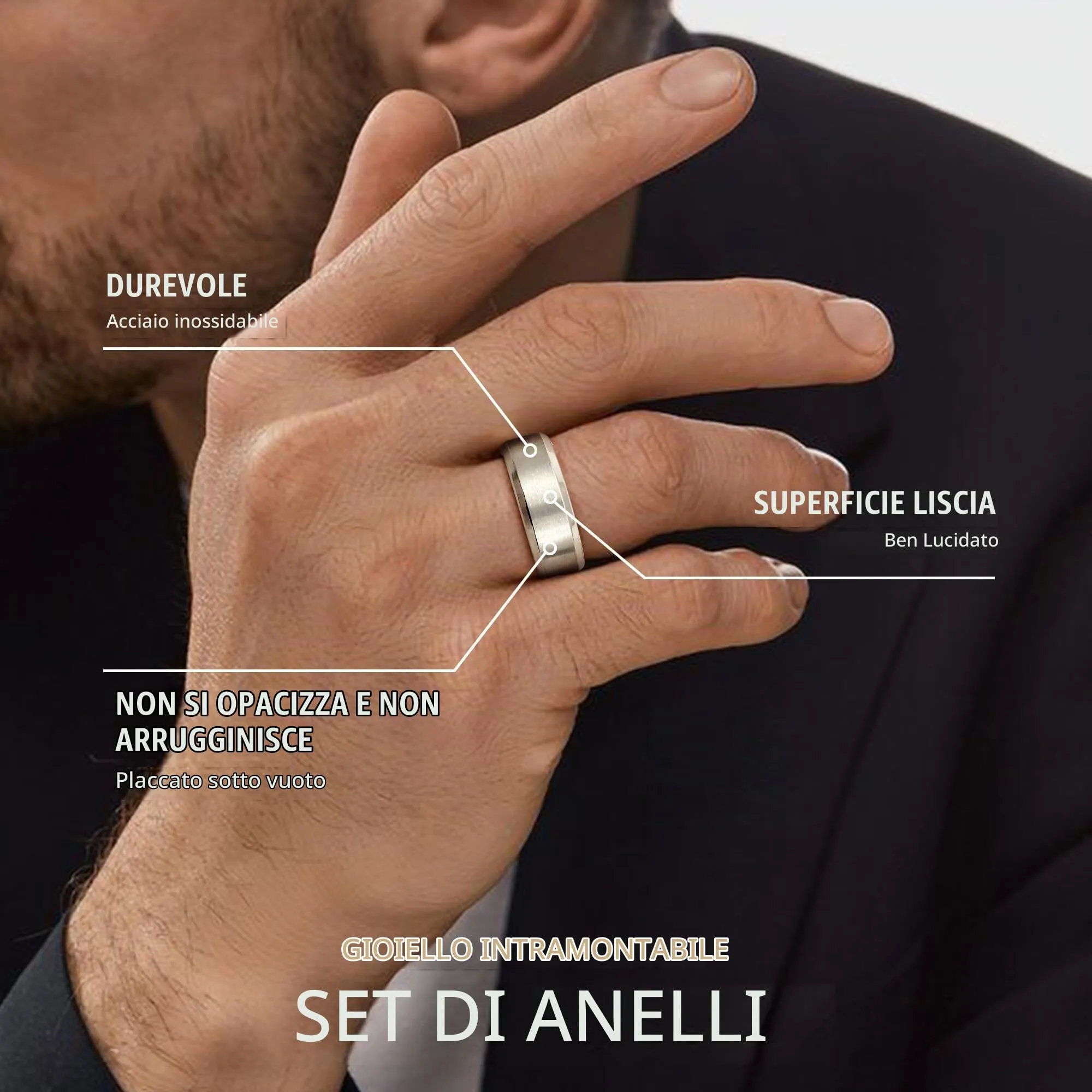 WATEFOER Anelli in Acciaio Inox 8mm, Fascia Nuziale con Finitura Opaca e Bordo Lucido Smussato, Unisex (Argento, 8) - immagine 3