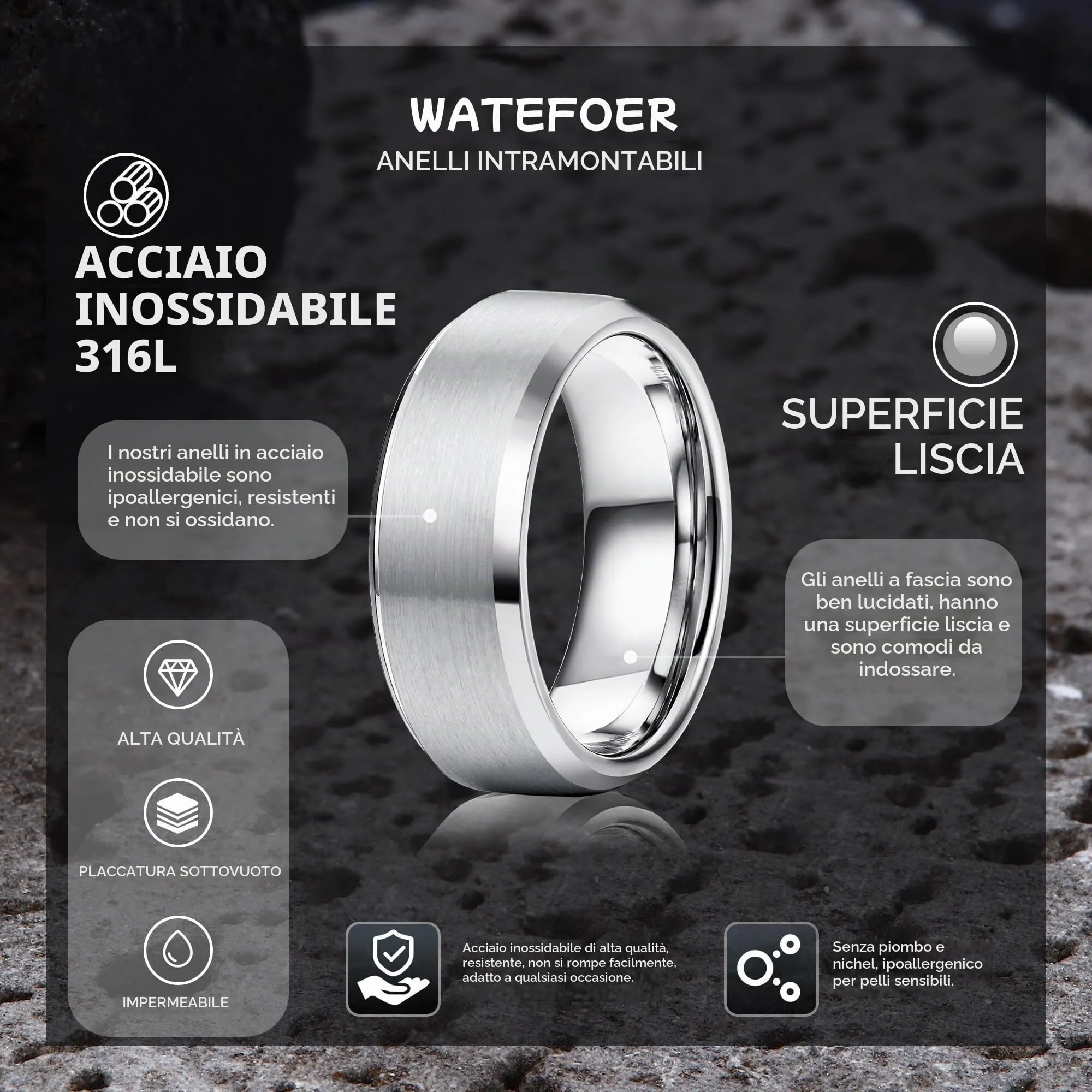 WATEFOER Anelli in Acciaio Inox 8mm, Fede Nuziale con Finitura Opaca e Bordo Lucido, Unisex (Argento, 11) - immagine 6