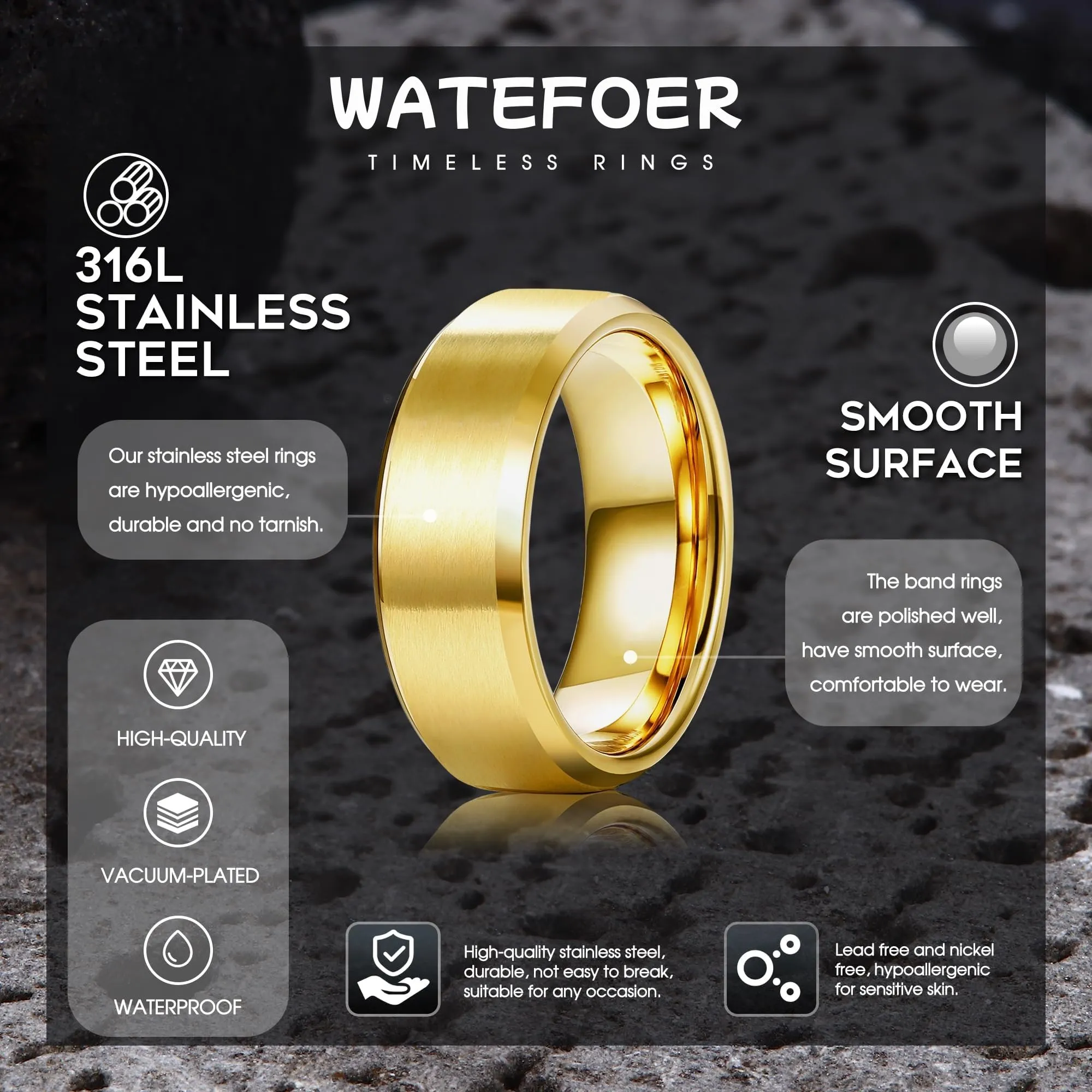 WATEFOER Anello Fascia in Acciaio Inox 8mm Finitura Opaca Bordo Lucido, Oro, Misura 12 - immagine 6
