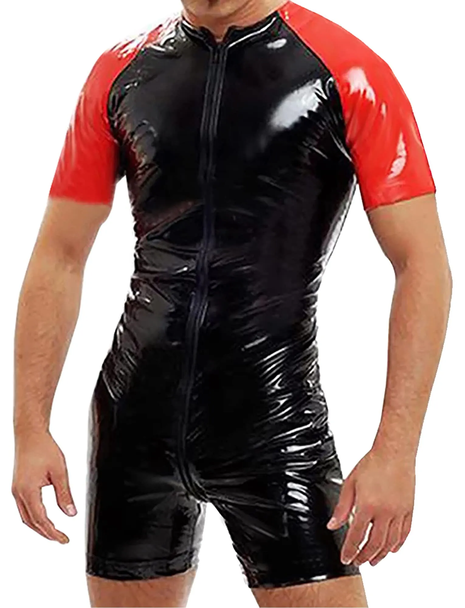 AIEOE Tuta da uomo in pelle lucida PVC con cerniera lunga, slim fit, Nero 01, M - immagine 3