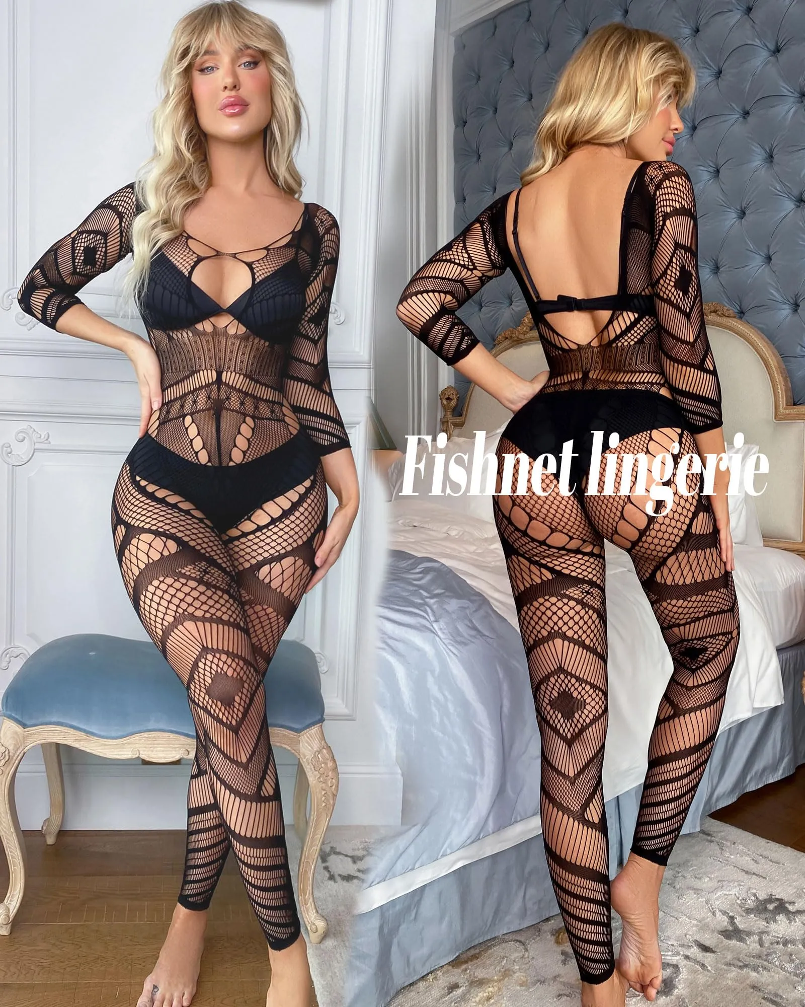 XIUSEMY Bodysuit Fishnet Bodystocking for Women, Nero DZJ - immagine 2