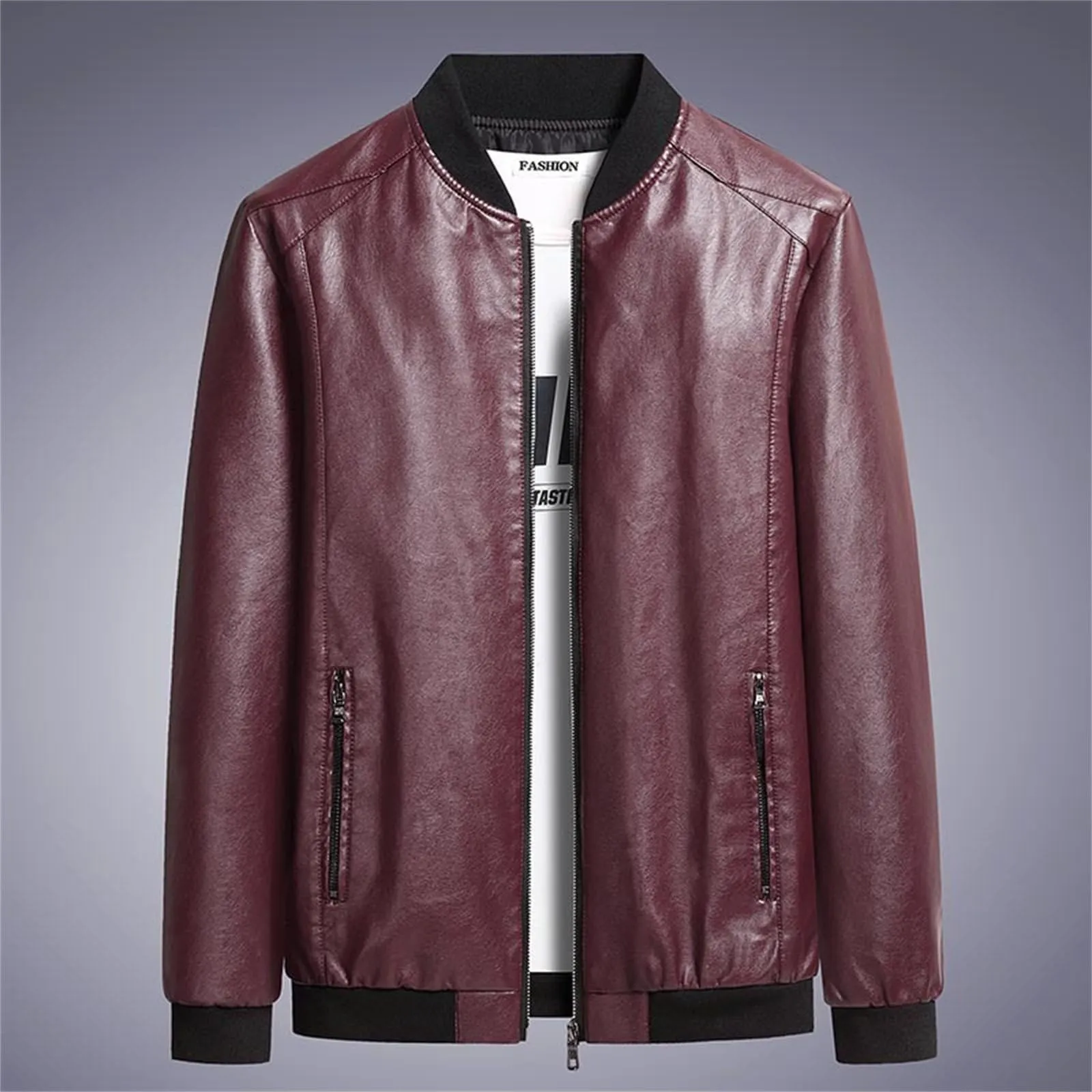 Giubbotto di Pelle Uomo in Similpelle con Collo Alto Matelassé Moto Pilota Zippato Casual Rosso - immagine 3