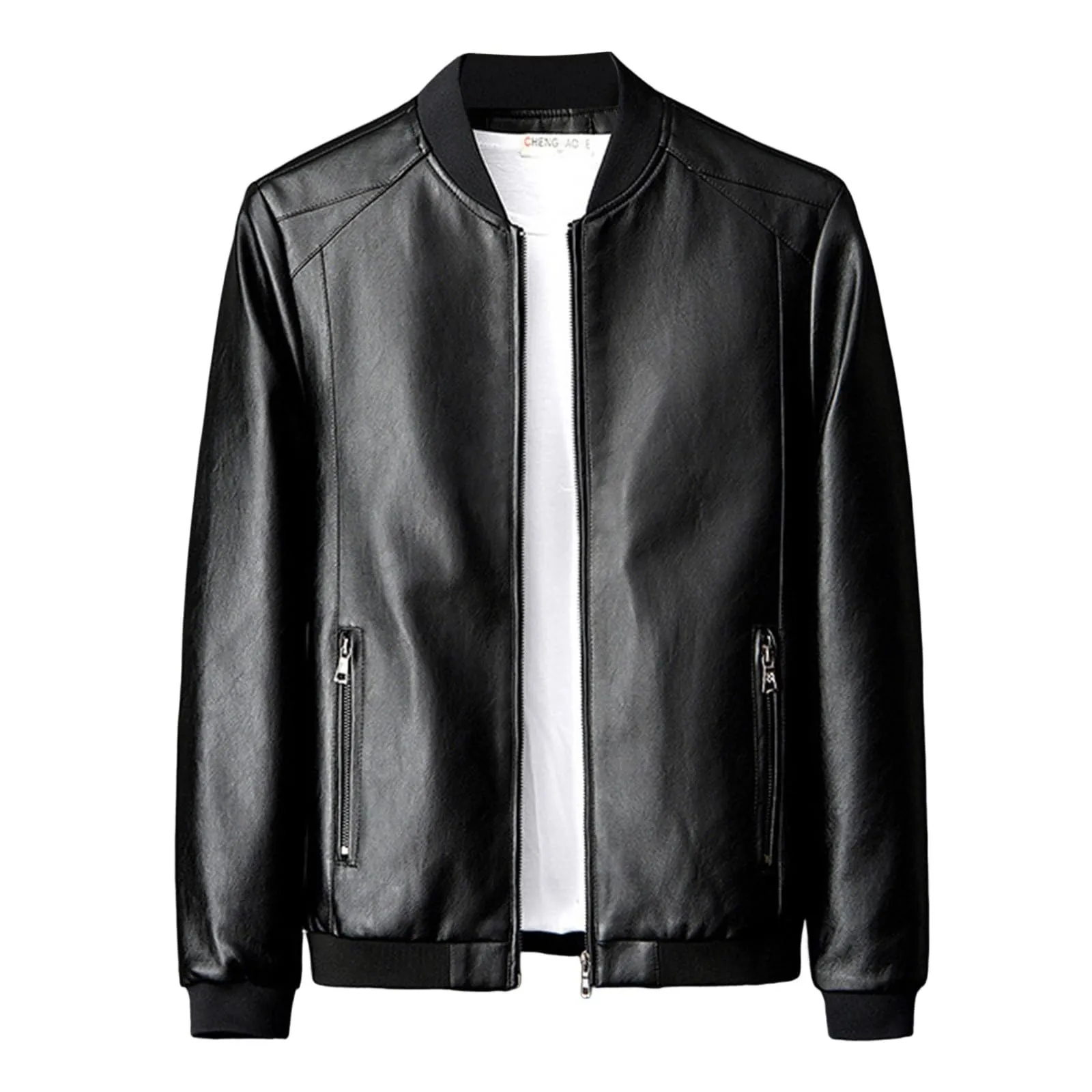 Giacca di Pelle Casual da Uomo PU Bomber Moto Slim Fit Antivento Nero - immagine 5