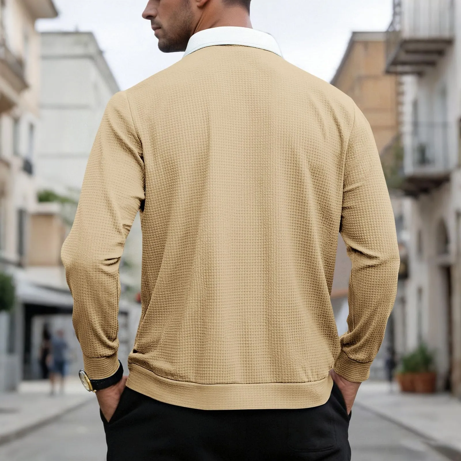 EODJXIO Maglia Uomo con Cerniera e Colletto in Lino Manica Lunga - immagine 2