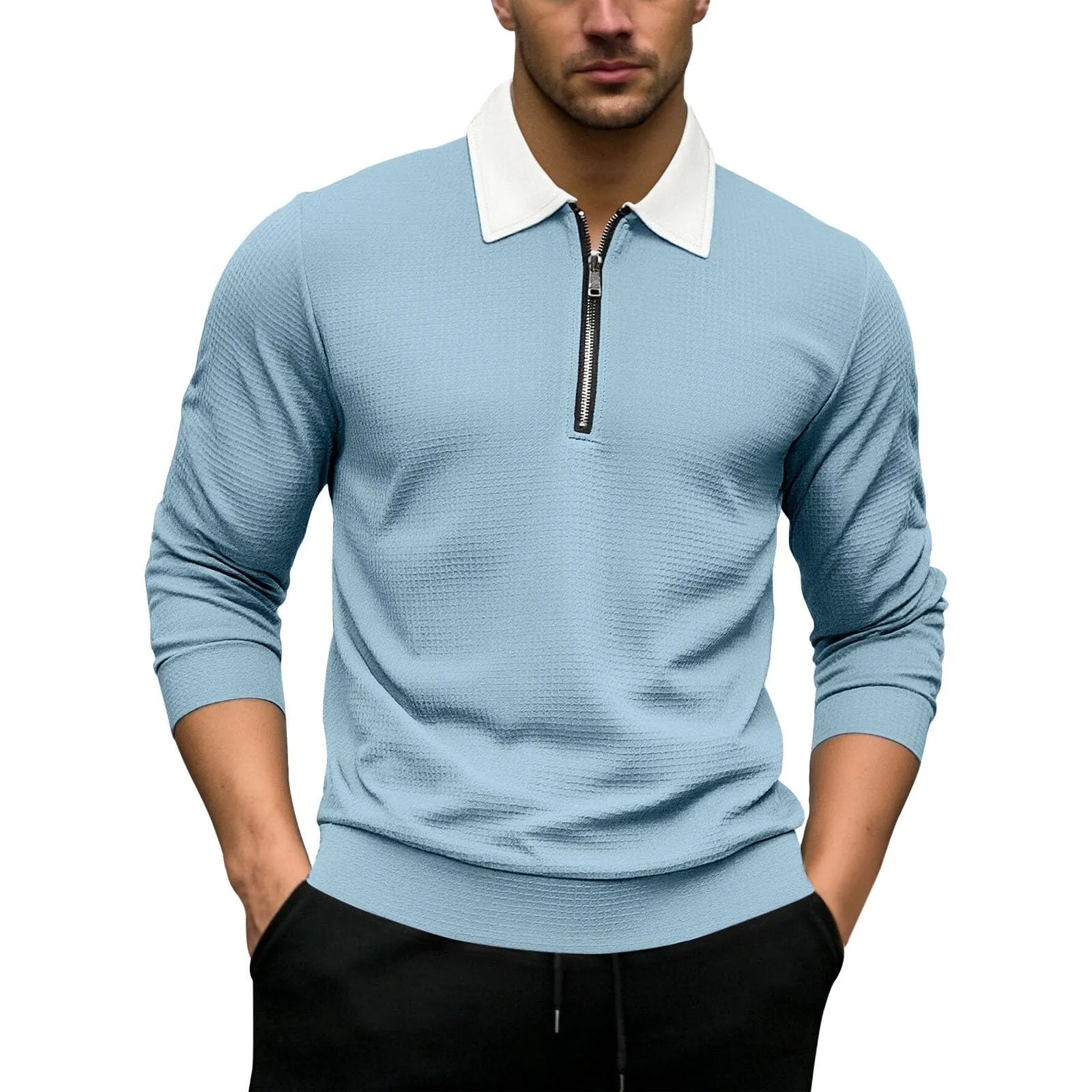 EODJXIO Maglia Uomo con Cerniera e Colletto Manica Lunga in Lino - immagine 1