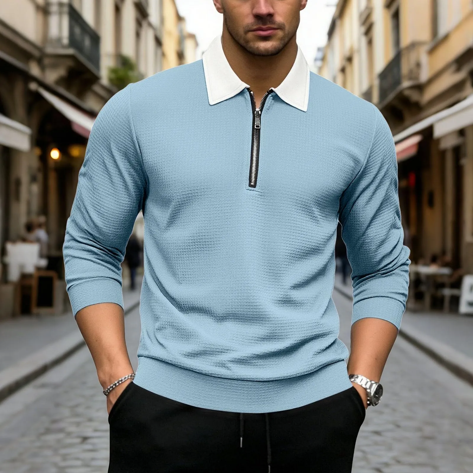 EODJXIO Maglia Uomo con Cerniera e Colletto Manica Lunga in Lino - immagine 2