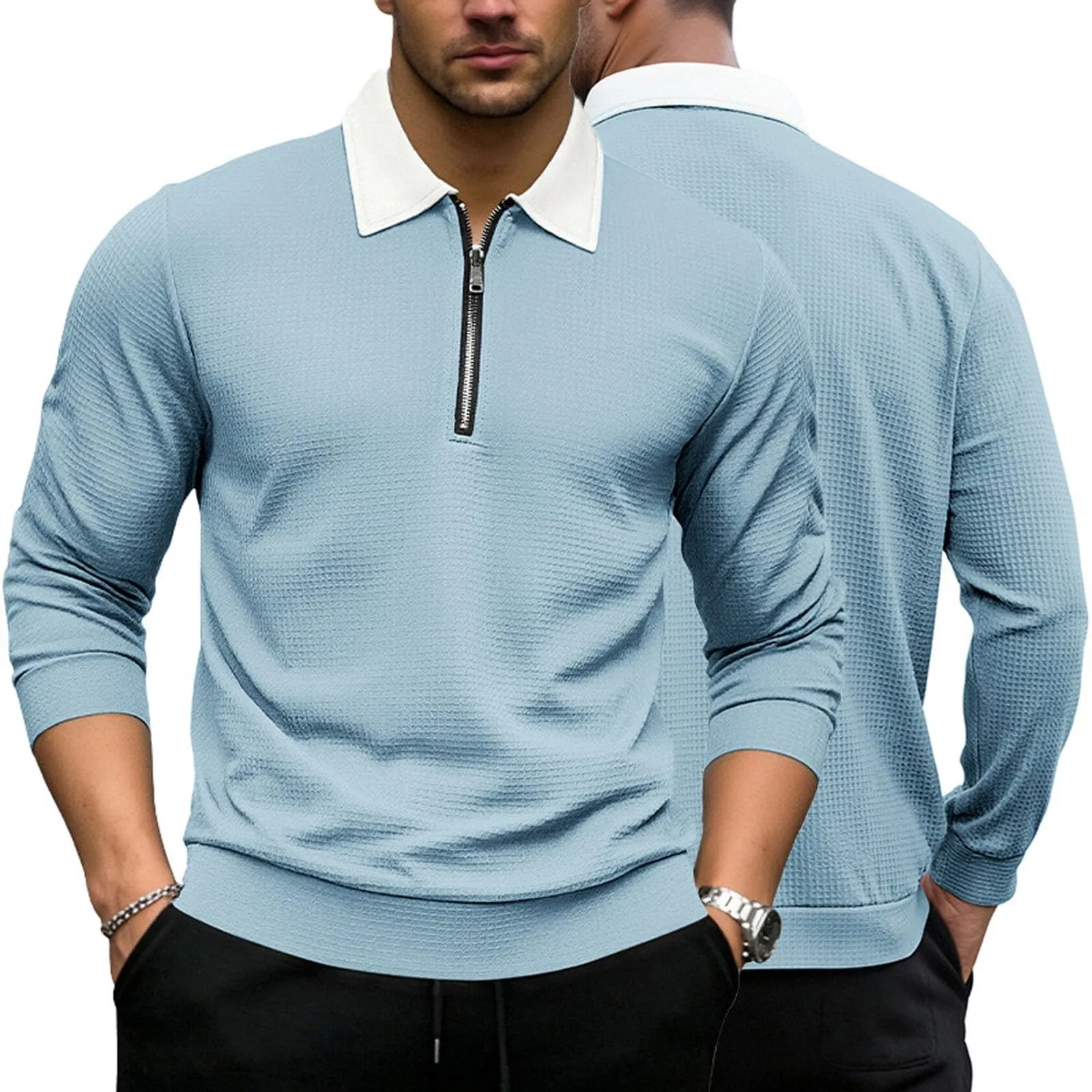 EODJXIO Maglia Uomo con Cerniera e Colletto Manica Lunga in Lino - immagine 3