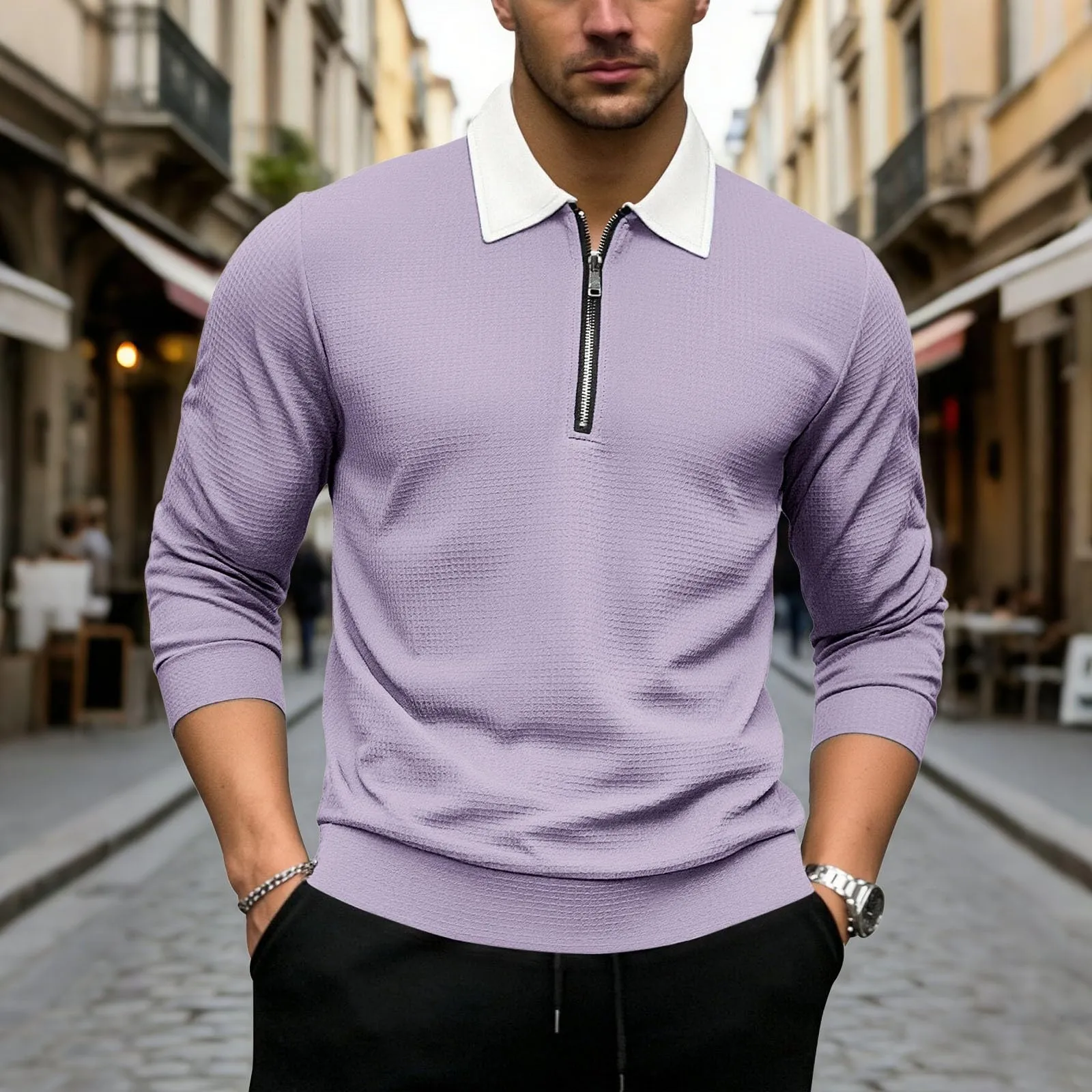 EODJXIO Maglia Uomo con Cerniera e Colletto Manica Lunga in Lino - immagine 2