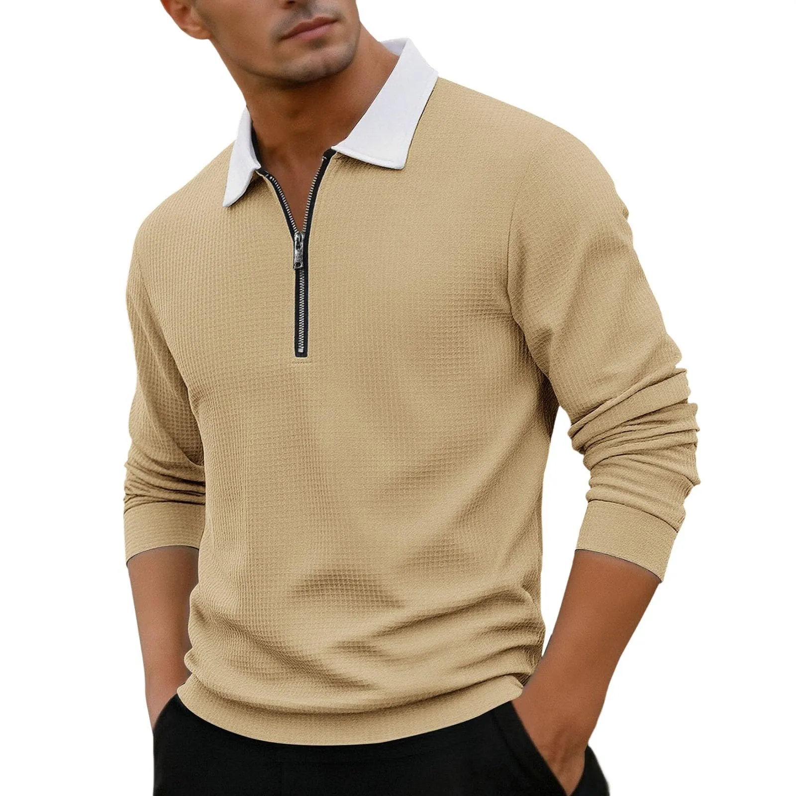 EODJXIO Maglia Uomo con Cerniera e Colletto in Lino a Maniche Lunghe - immagine 1