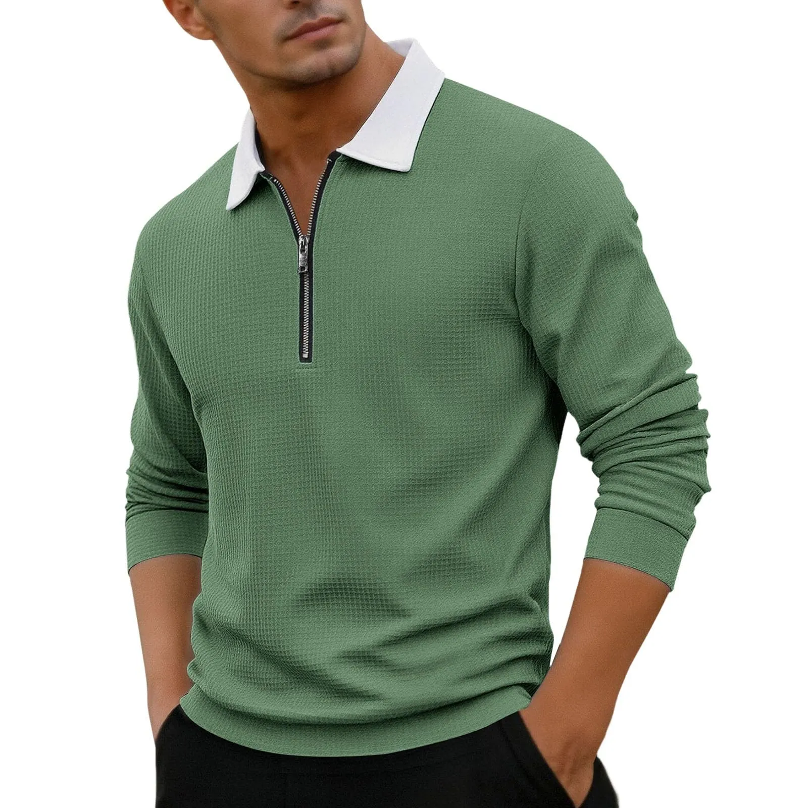 EODJXIO Maglia Uomo con Cerniera e Colletto Manica Lunga in Lino - immagine 1