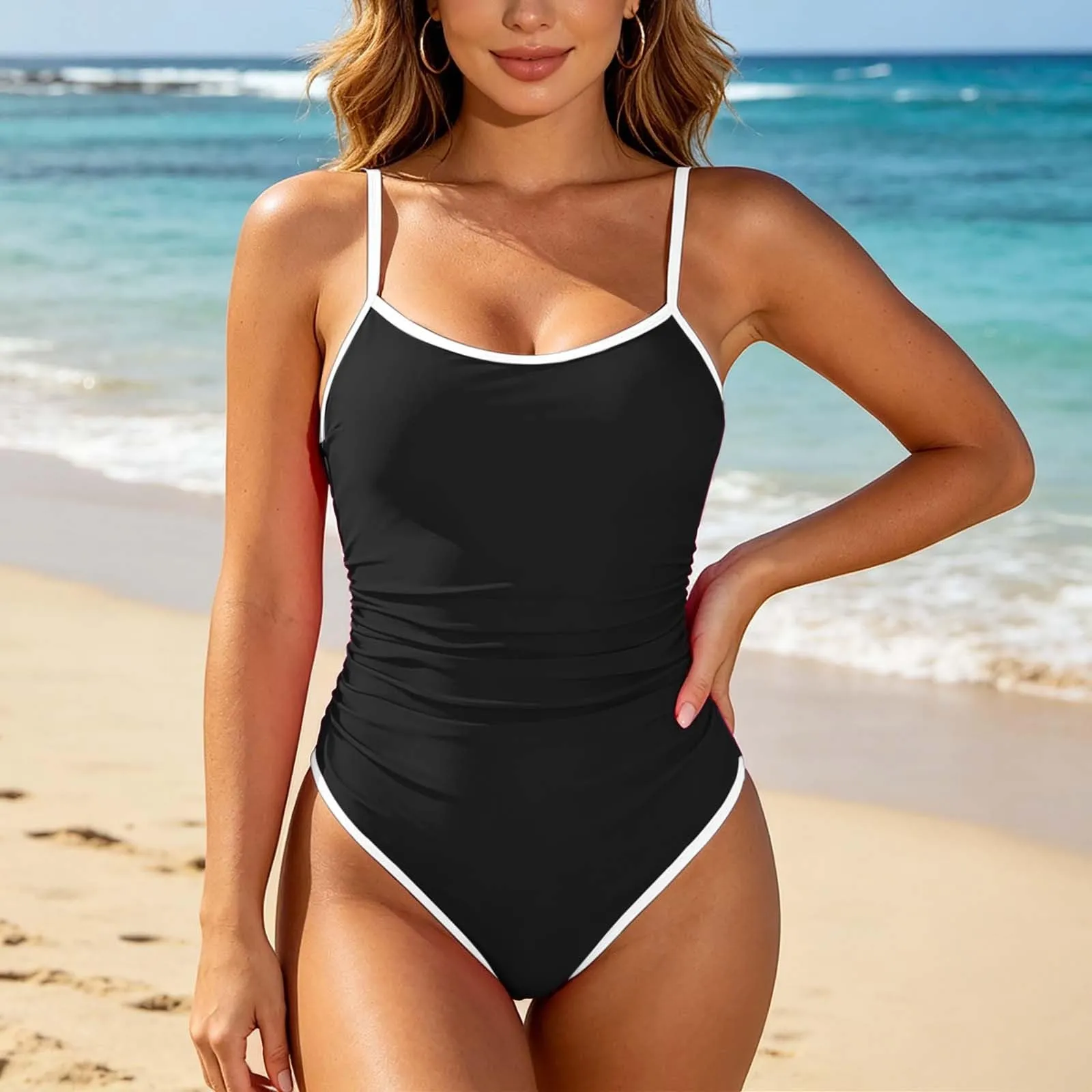 Vhersily Costume da Bagno Donna Intero Sexy Scollo a V Bikini Push Up Imbottito Vita Alta Monokini Nero - immagine 4