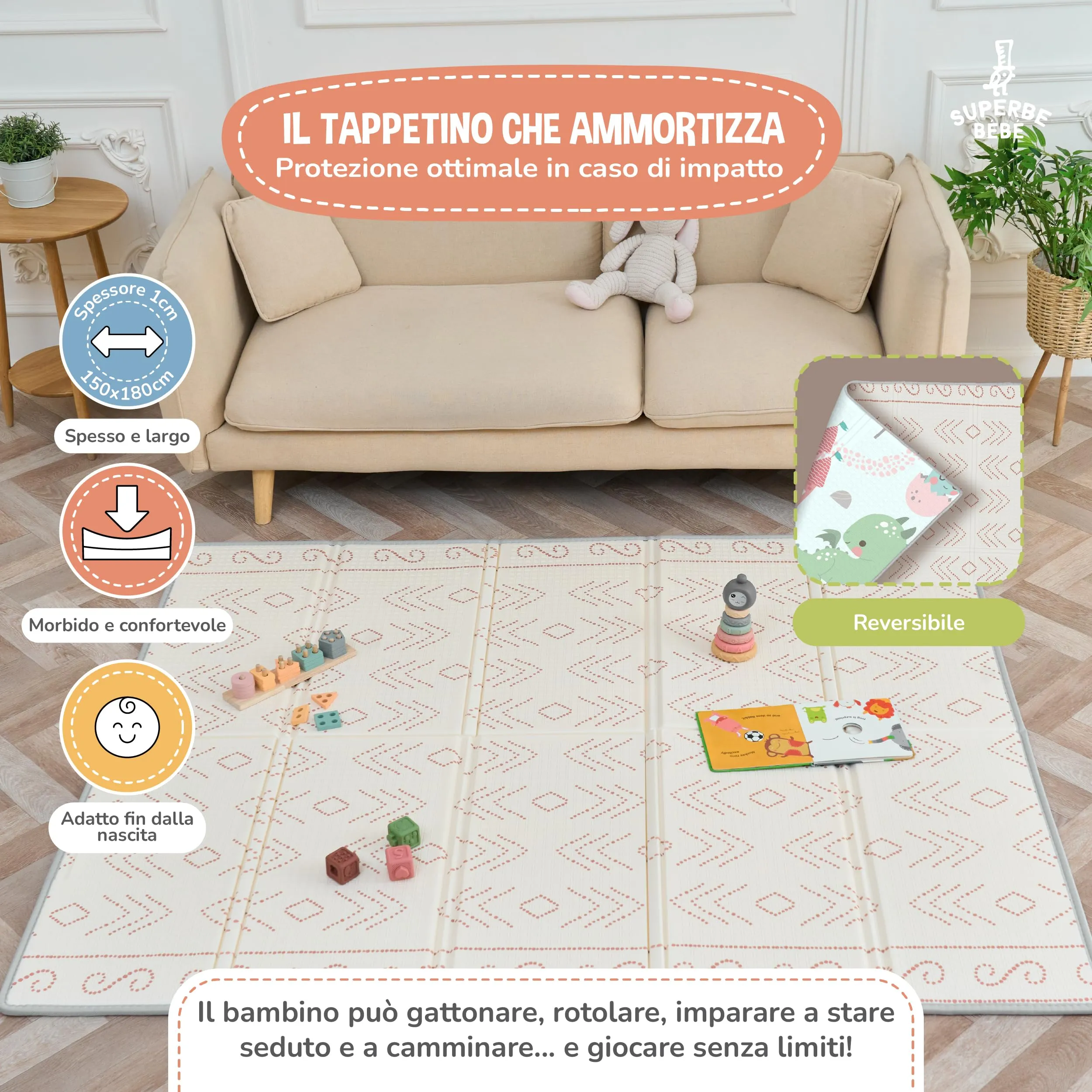 SUPERBE BEBE Tappeto Gioco Bambini Pieghevole 150x180x1cm Montessori Reversibile in Schiuma - immagine 2