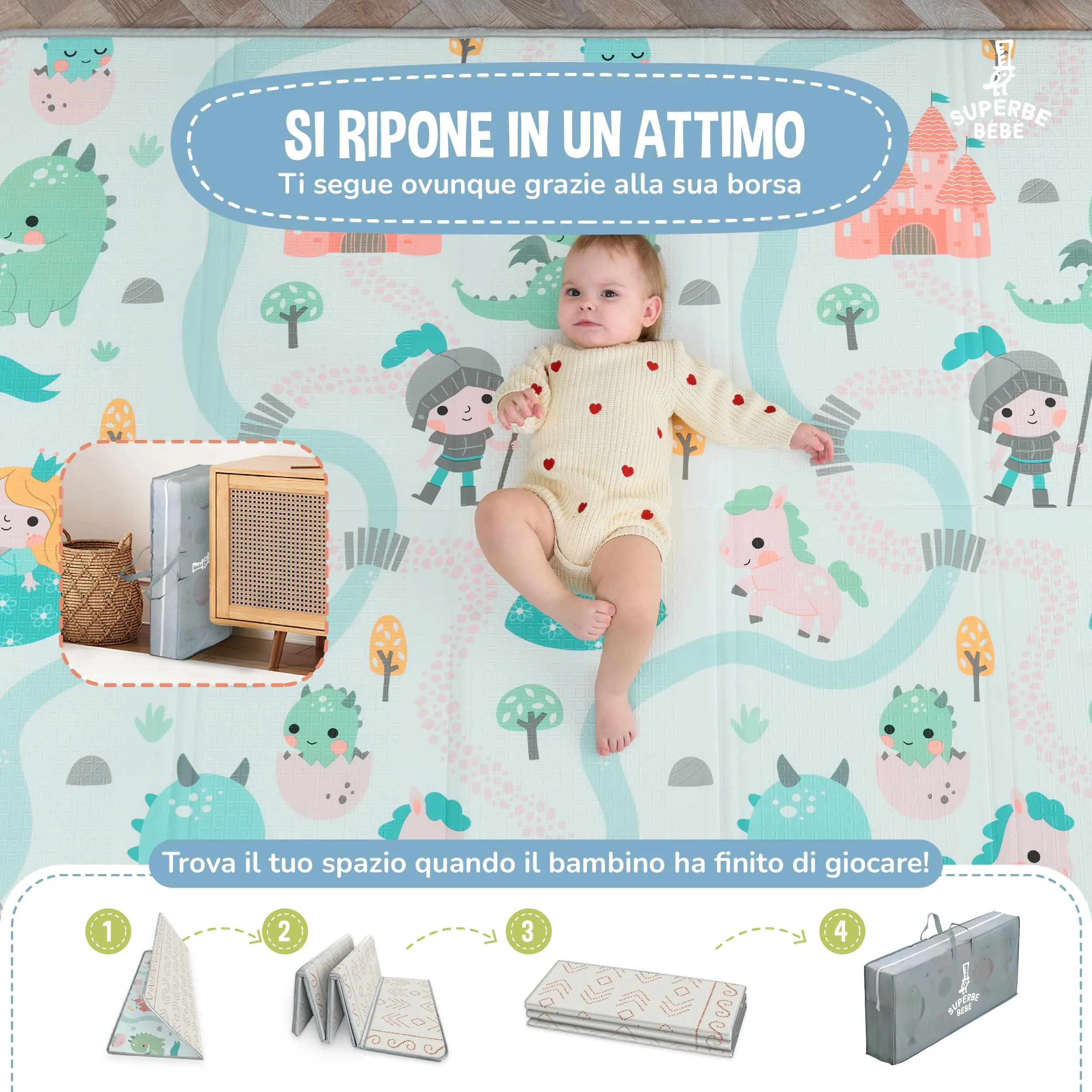 SUPERBE BEBE Tappeto Gioco Bambini Pieghevole 150x180x1cm Montessori Reversibile in Schiuma - immagine 3
