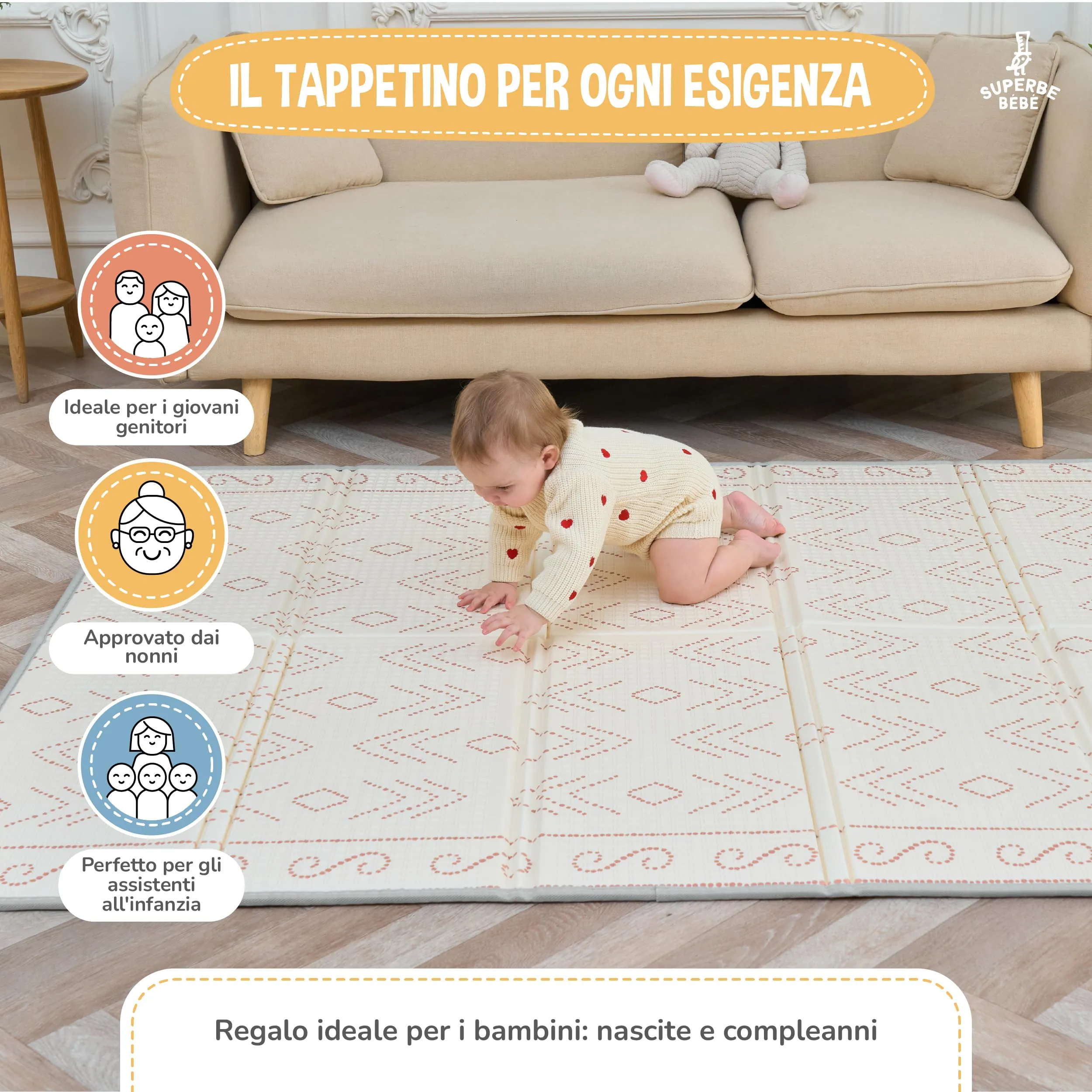 SUPERBE BEBE Tappeto Gioco Bambini Pieghevole 150x180x1cm Montessori Reversibile in Schiuma - immagine 4