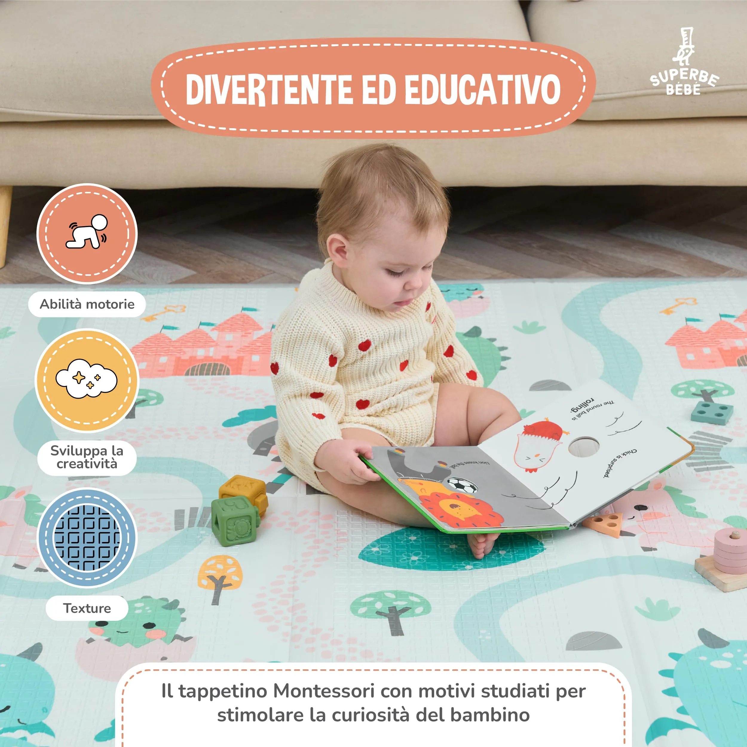 SUPERBE BEBE Tappeto Gioco Bambini Pieghevole 150x180x1cm Montessori Reversibile in Schiuma - immagine 6
