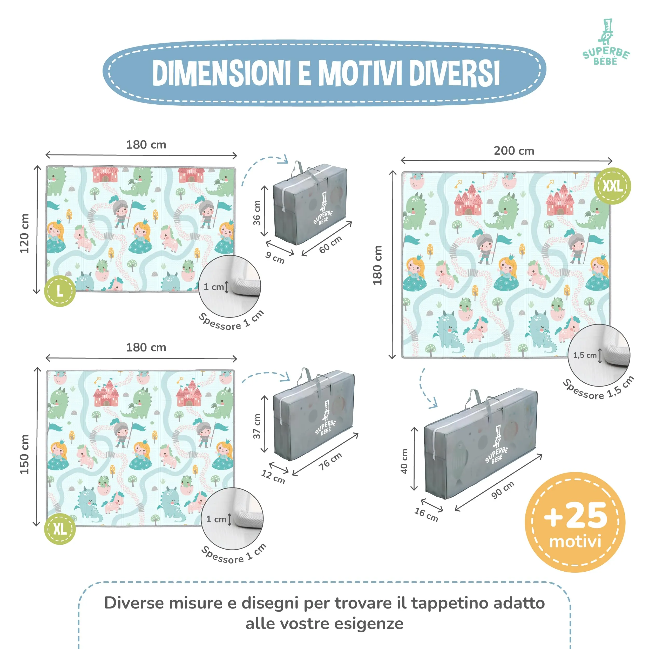 SUPERBE BEBE Tappeto Gioco Bambini Pieghevole 150x180x1cm Montessori Reversibile in Schiuma - immagine 7