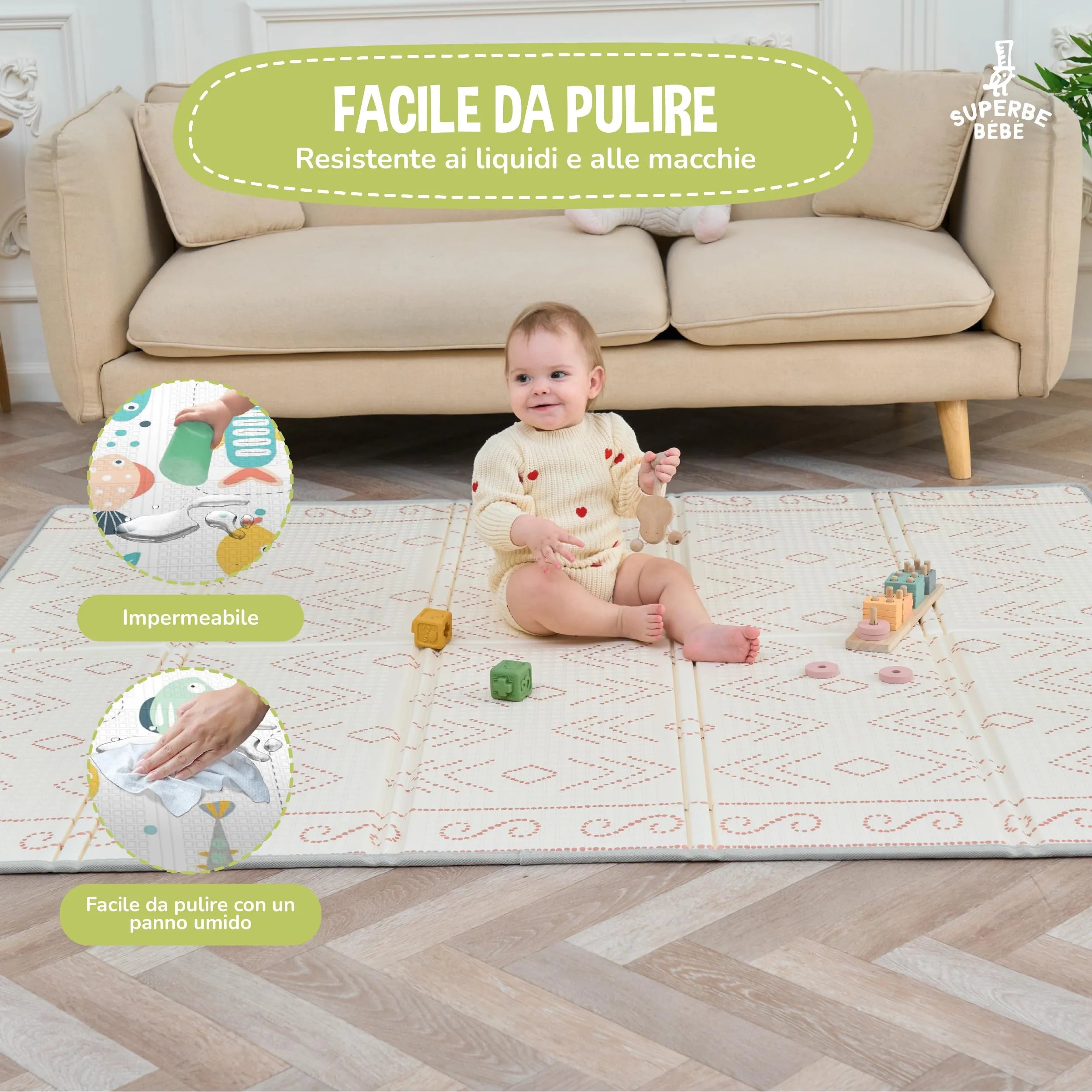 SUPERBE BEBE Tappeto Gioco Bambini Pieghevole 150x180x1cm Montessori Reversibile in Schiuma - immagine 8