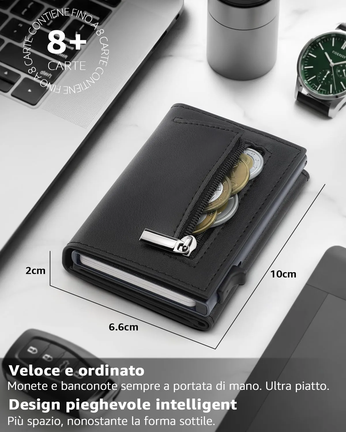 TEEHON Portafoglio Uomo Slim in Pelle con Protezione RFID, Portacarte con Meccanismo a Comparsa e Portamonete - Nero & Grigio - immagine 2