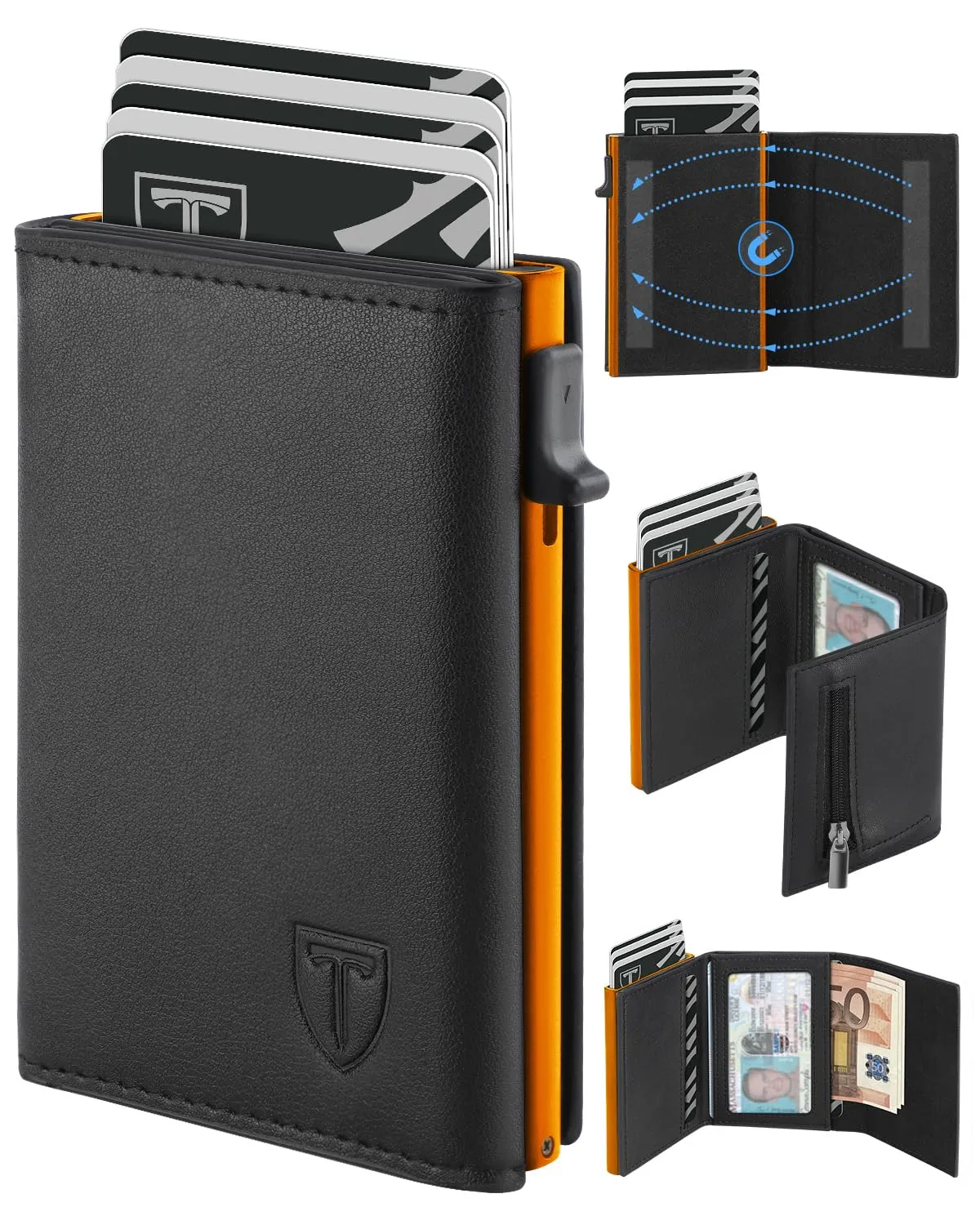 TEEHON Portafoglio Uomo Slim in Pelle con Protezione RFID, Portacarte con Meccanismo a Comparsa, Portamonete e Scomparto Banconote - Nero e Arancione - immagine 1