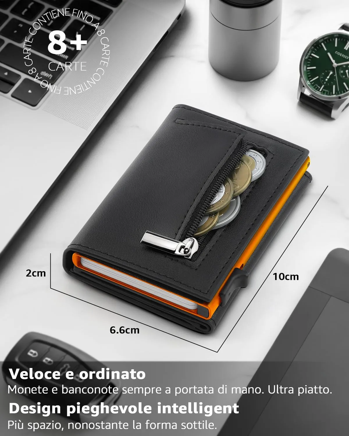 TEEHON Portafoglio Uomo Slim in Pelle con Protezione RFID, Portacarte con Meccanismo a Comparsa, Portamonete e Scomparto Banconote - Nero e Arancione - immagine 2