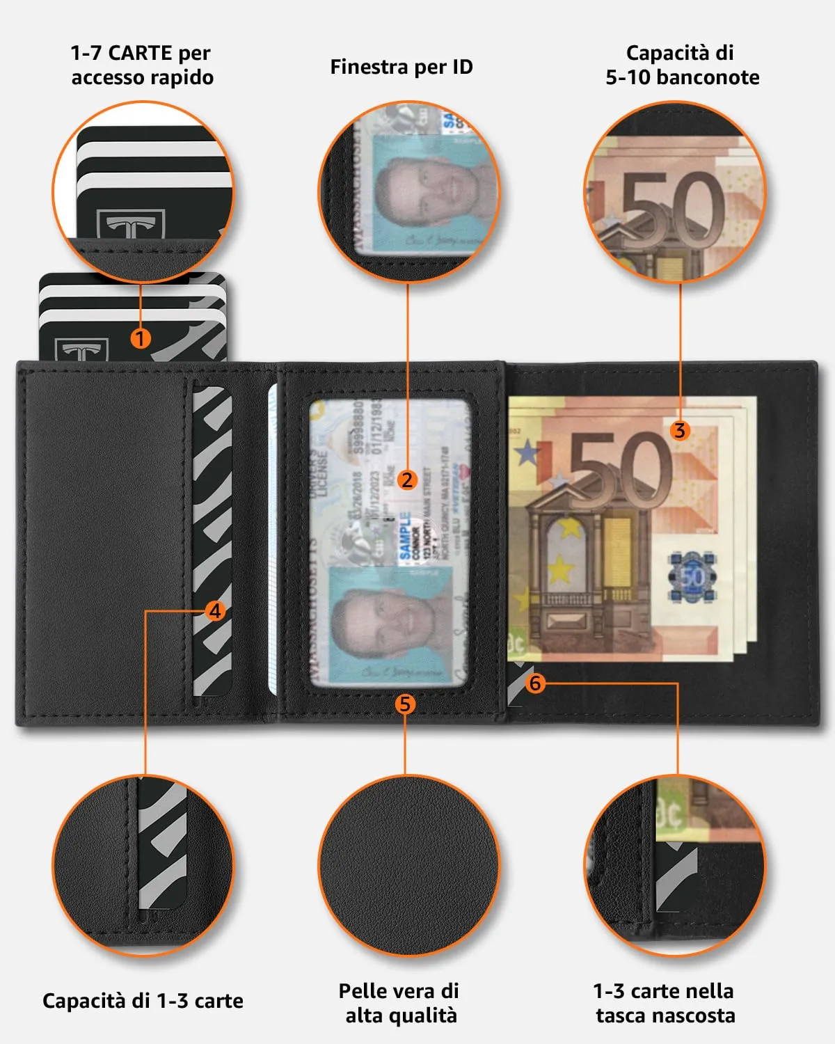 TEEHON Portafoglio Uomo Slim in Pelle con Protezione RFID, Portacarte con Meccanismo a Comparsa, Portamonete e Scomparto Banconote - Nero e Arancione - immagine 3