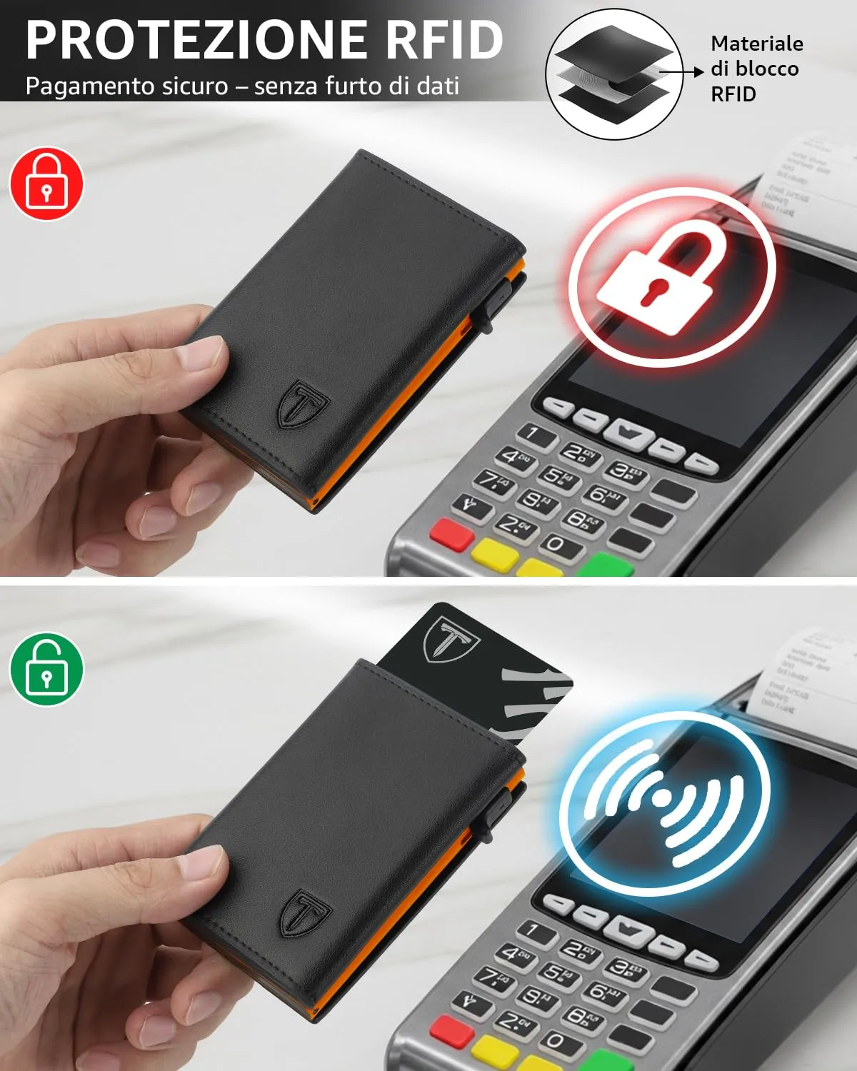 TEEHON Portafoglio Uomo Slim in Pelle con Protezione RFID, Portacarte con Meccanismo a Comparsa, Portamonete e Scomparto Banconote - Nero e Arancione - immagine 5