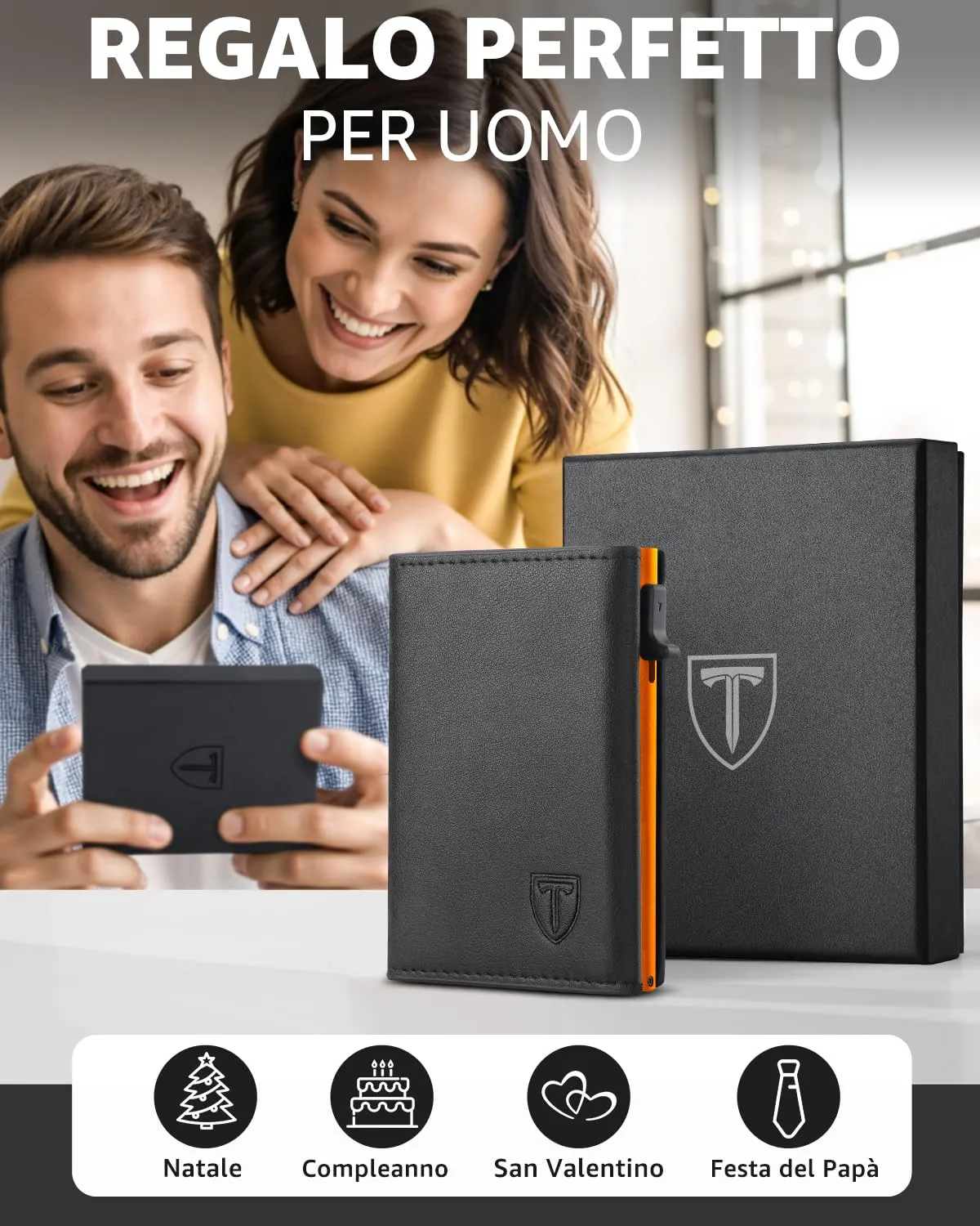 TEEHON Portafoglio Uomo Slim in Pelle con Protezione RFID, Portacarte con Meccanismo a Comparsa, Portamonete e Scomparto Banconote - Nero e Arancione - immagine 7