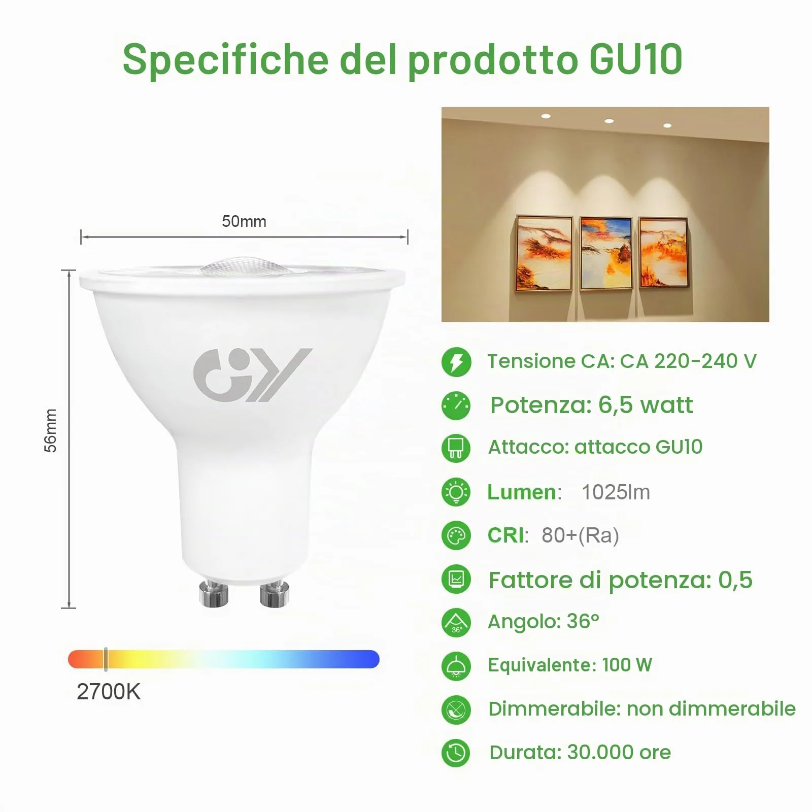 GY Classe B Lampadine GU10 LED Spot, 6,5W, 1025LM, Bianco Caldo 2700K, 36°, Non Dimmerabile, Confezione da 6 - immagine 2