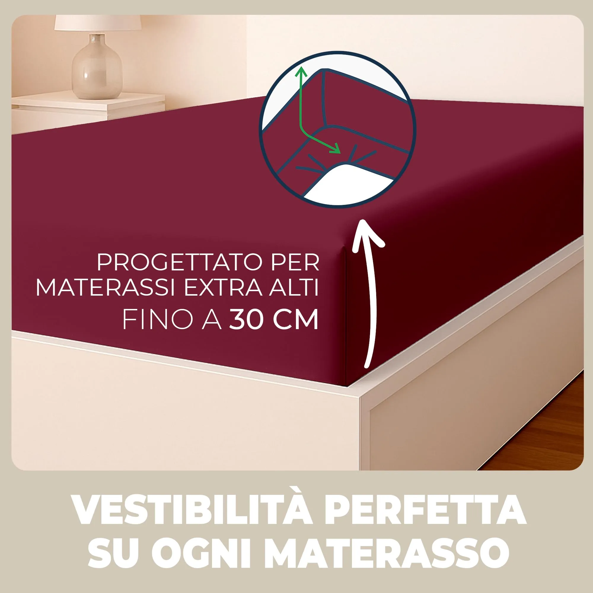 Flowen Lenzuola con Angoli Matrimoniale 200x200 cm Bordeaux, 100% Puro Cotone, per Materasso fino a 30cm - immagine 2
