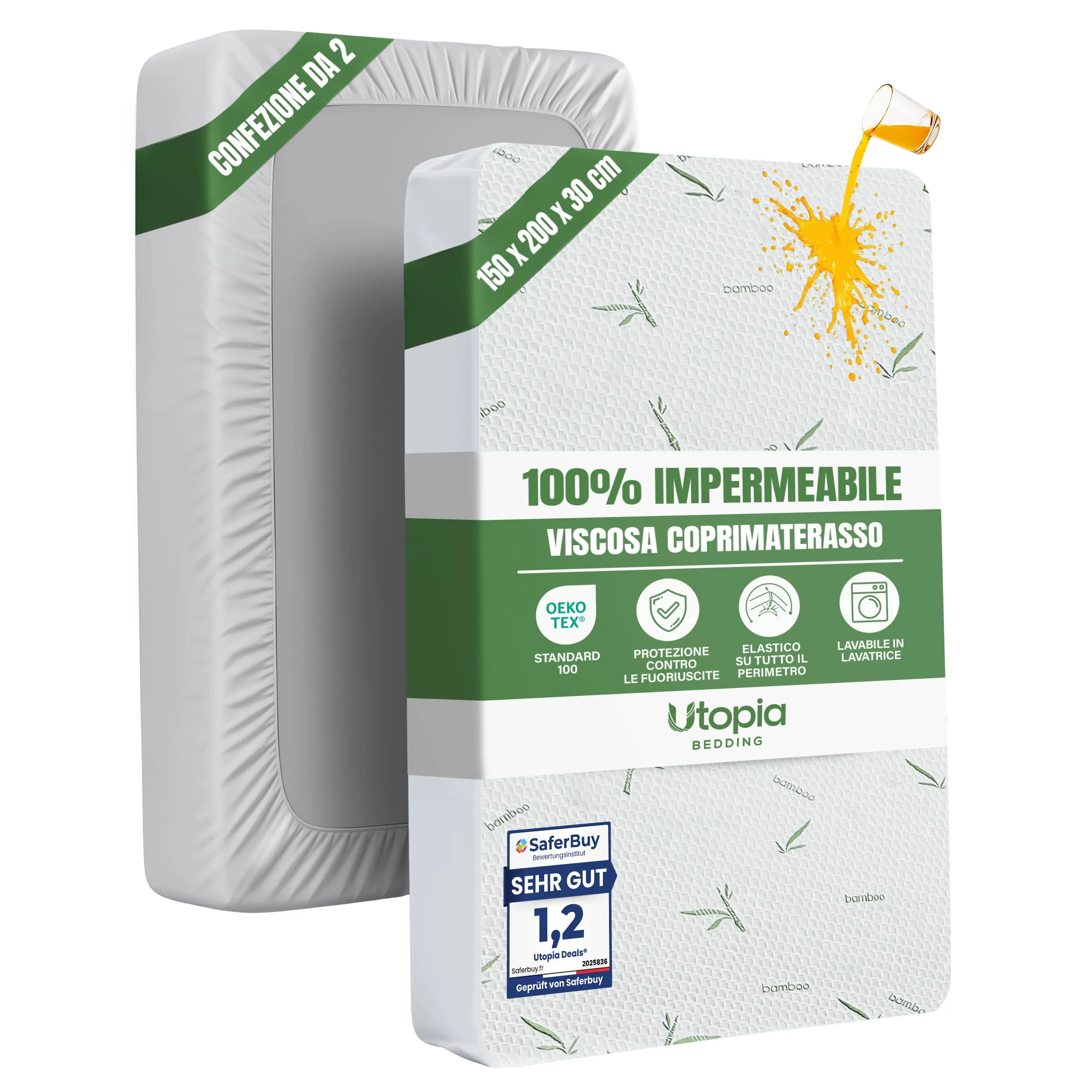 Utopia Bedding Coprimaterasso in Viscosa Impermeabile e Traspirante, 150 x 200 x 30 cm, Set di 2 - immagine 1