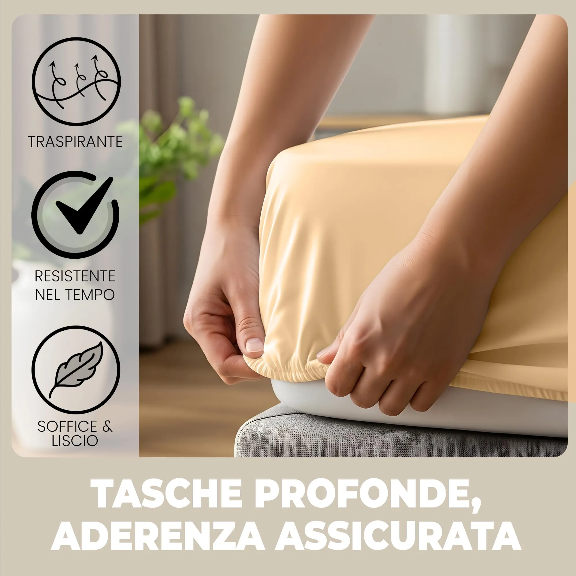 Flowen Lenzuola con Angoli Matrimoniale 200x200 cm, 100% Cotone, Beige - immagine 4