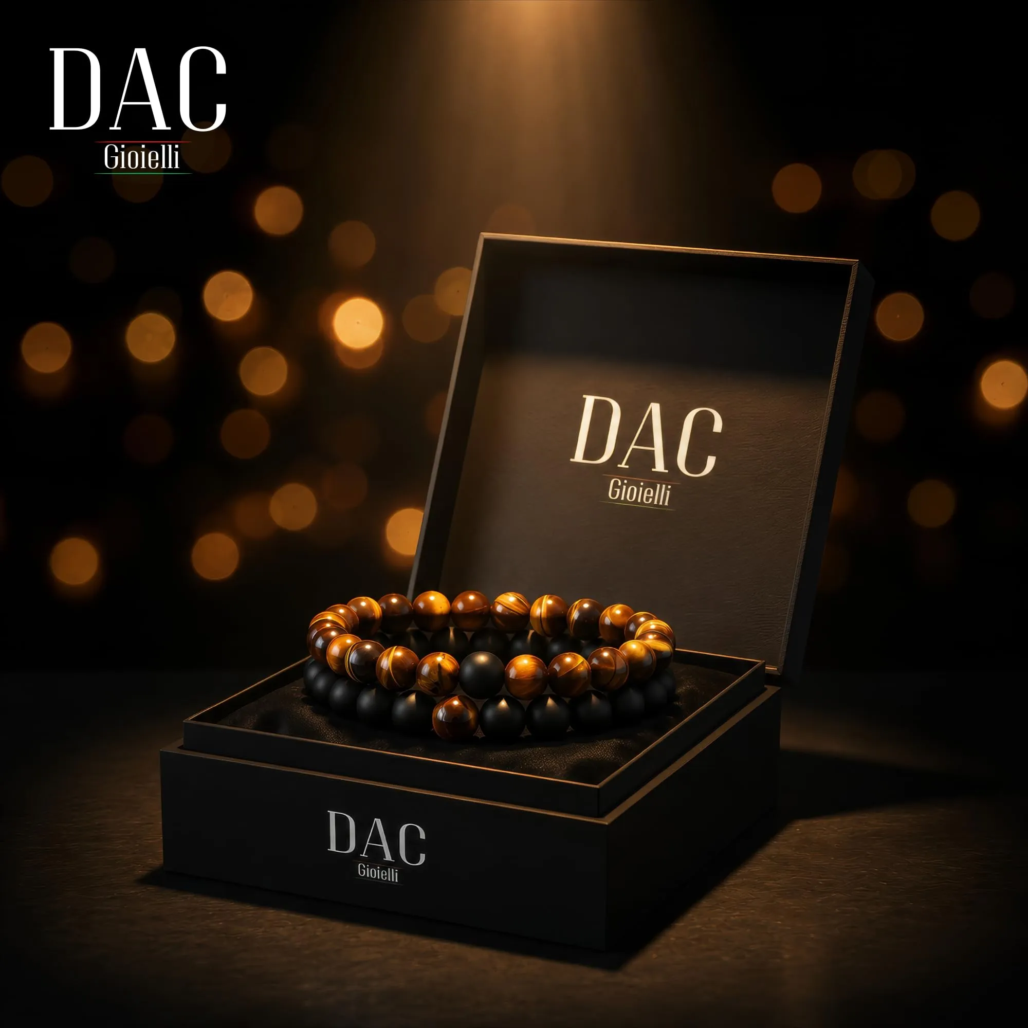 DAC Bracciali Uomo 2 Pezzi con Pietre Naturali, Eye e Nero, 21 cm con Scatola Regalo - immagine 3