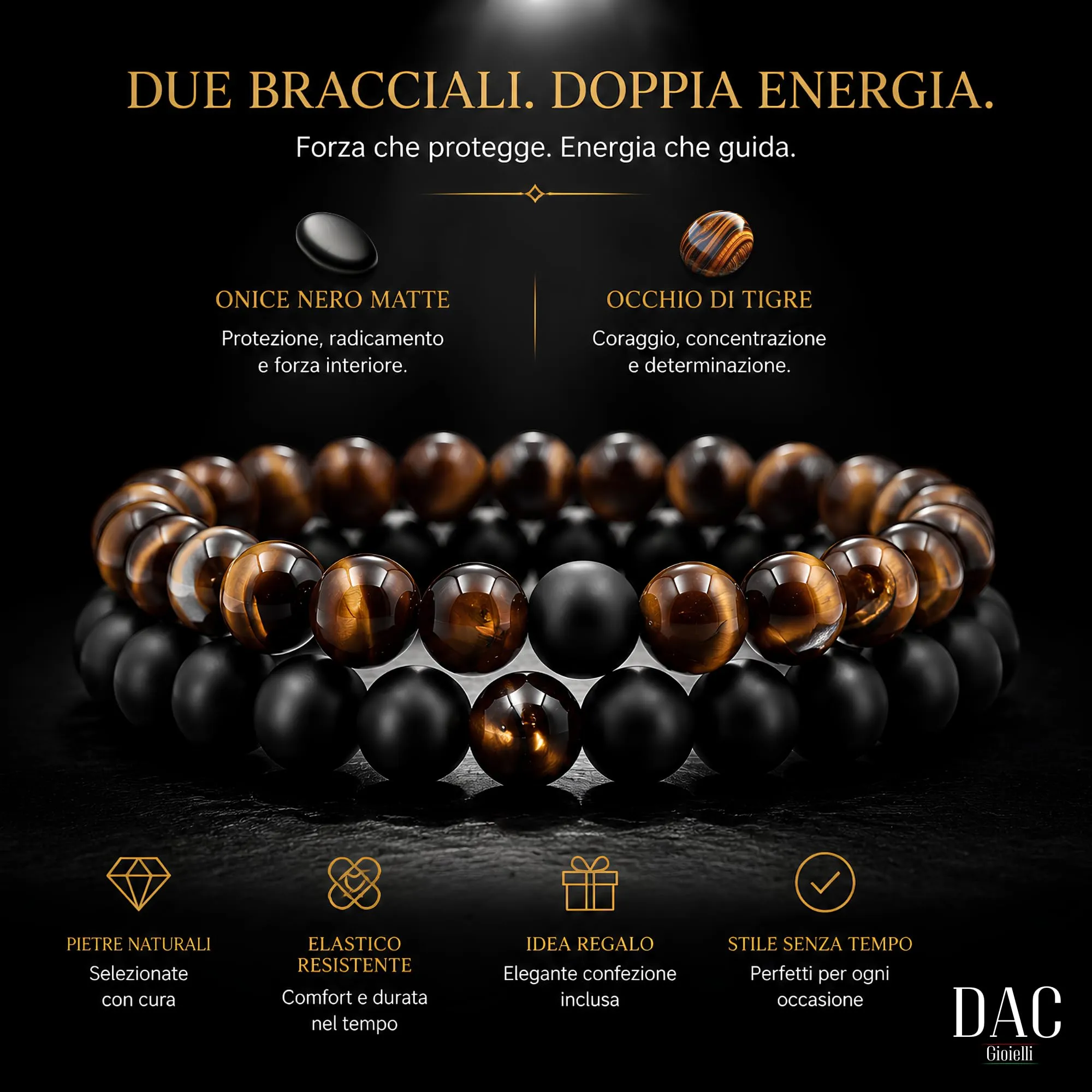 DAC Bracciali Uomo 2 Pezzi con Pietre Naturali, Eye e Nero, 21 cm con Scatola Regalo - immagine 4